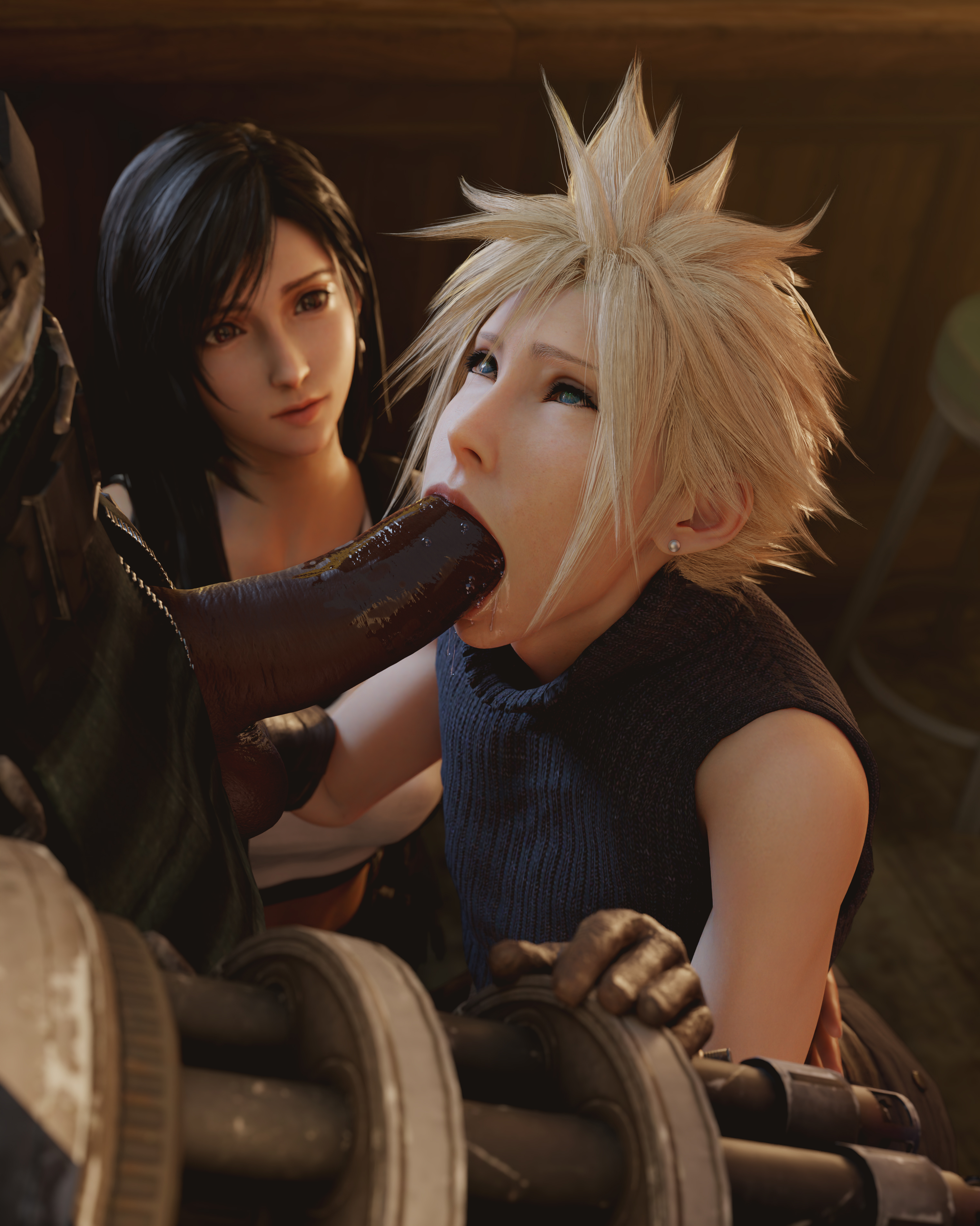 1girls, 2boys, 3d, absurdres, barret wallace, batesz, bisexual, bisexual male, blonde hair, blowjob, blue eyes, clothed sex, cloud strife, dark skin, dark-skinned male, eye contact, fellatio, female, female supporting yaoi, femboy, final fantasy, final fantasy vii, gag, gagging, gay, girly, highres, human, human only, interracial, light skin, light-skinned female, light-skinned femboy, light-skinned male, male, malesub, oral, oral sex, penis, penis out, saliva, saliva trail, tifa lockhart, twink, voyeur, watching, yaoi