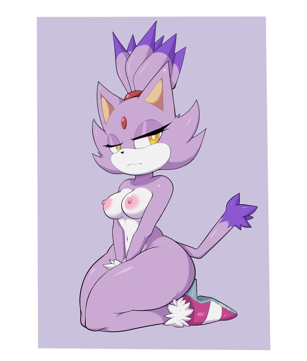 1girls, areola, areolae, blaze the cat, breasts, feline, female, female only, heels, high heels, kneeling, medium breasts, naked, naked footwear, naked heels, nude, sega, simple background, solo, sonic (series), sonic the hedgehog (series), thick thighs, virito