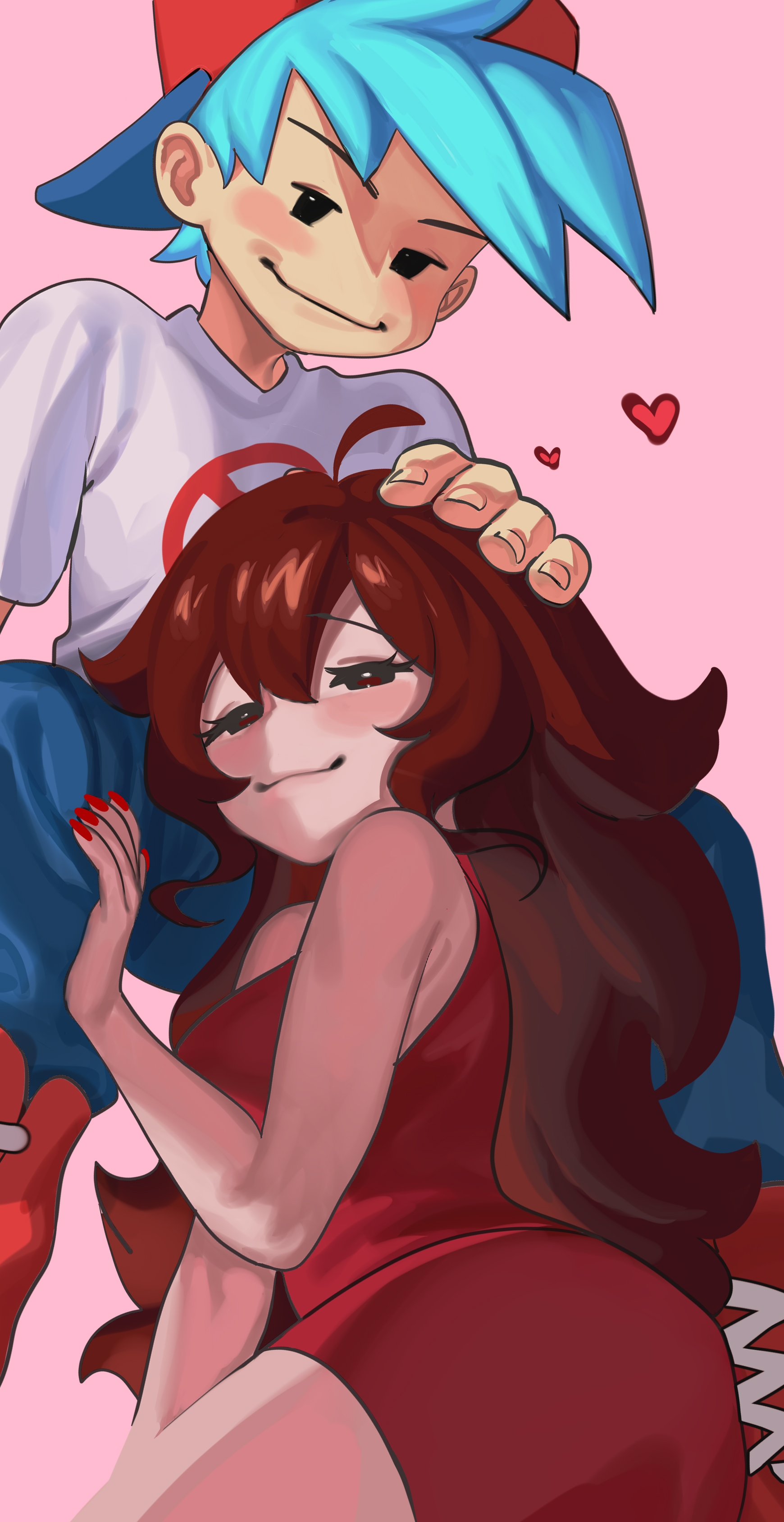 before oral, boyfriend (friday night funkin), female, female focus, friday night funkin, girl on boy, girlfriend (friday night funkin), hand on head, highres, horny, long hair, nia (nia4294), patting head, wholesome