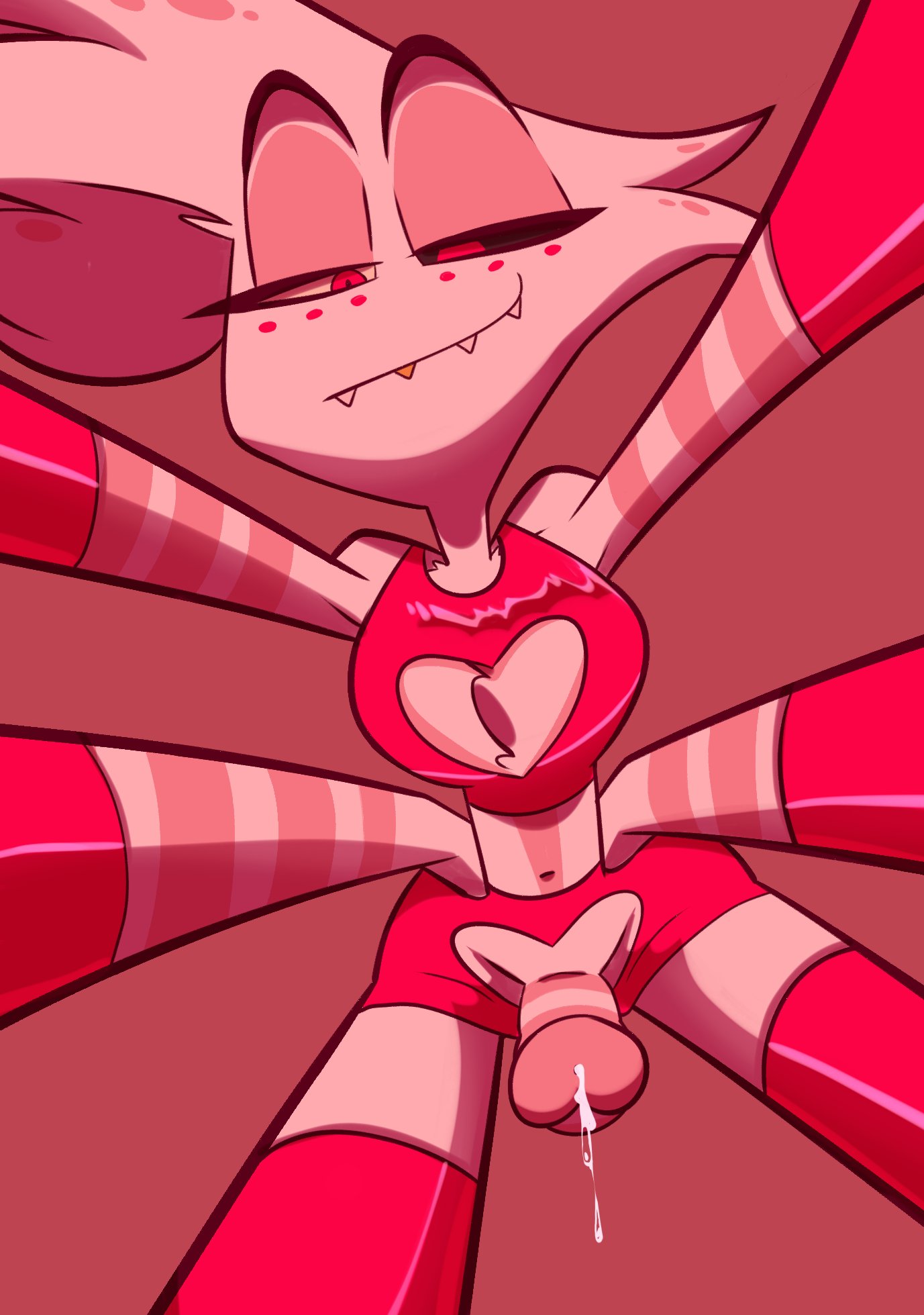 1boy, 4 arms, angel dust (hazbin hotel), boob window, bra, breasts, chest tuft, cum, cum drip, cum dripping, cum on penis, demon, erect penis, erection, gloves, hazbin hotel, heart cutout, looking at viewer, looking down, makeup, male, monamania, mostly nude, multi arm, multi limb, penis, sharp teeth, skirt, smile, smiling, smug, solo, solo male, sweetdandy, taker pov, thighhighs, vivienne medrano, white fur, white hair