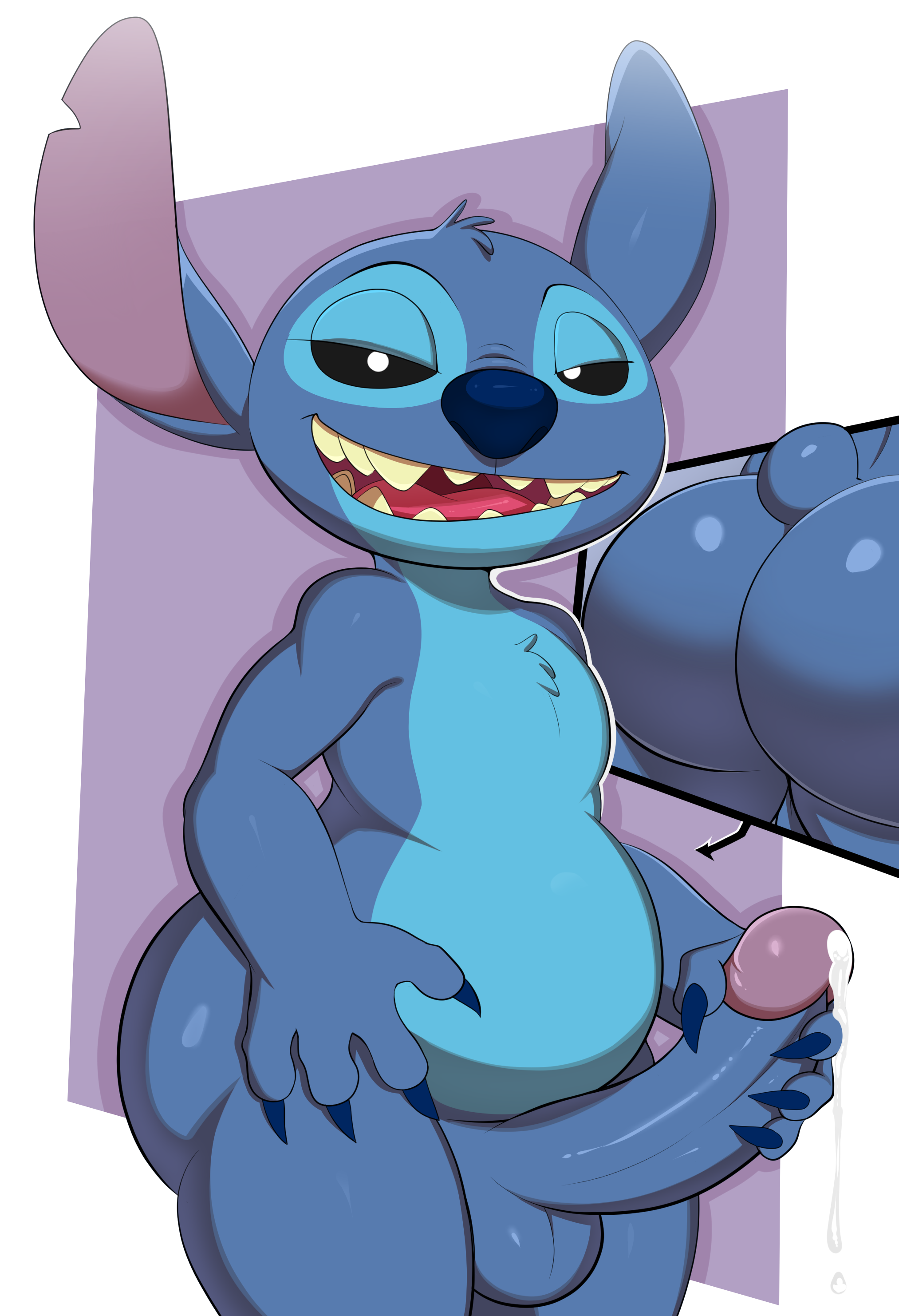 1boy, 2021, 4 fingers, absurd res, alien, anthro, ass, balls, big ass, big balls, big butt, big penis, black sclera, blue balls, blue body, blue fur, blue hair, blue nose, blue penis, bodily fluids, border, cutaway, disney, erection, experiment (lilo and stitch), fingers, front view, fur, genital fluids, genitals, glans, hair, hi res, holding penis, huge ass, huge butt, humanoid genitalia, humanoid penis, jerseydevil, lilo and stitch, male, male only, open mouth, overweight, overweight anthro, overweight male, penis, precum, purple background, purple glans, purple inner ear, rear view, short tail, simple background, smile, smirk, solo, stitch, white border, white eyes, yellow teeth