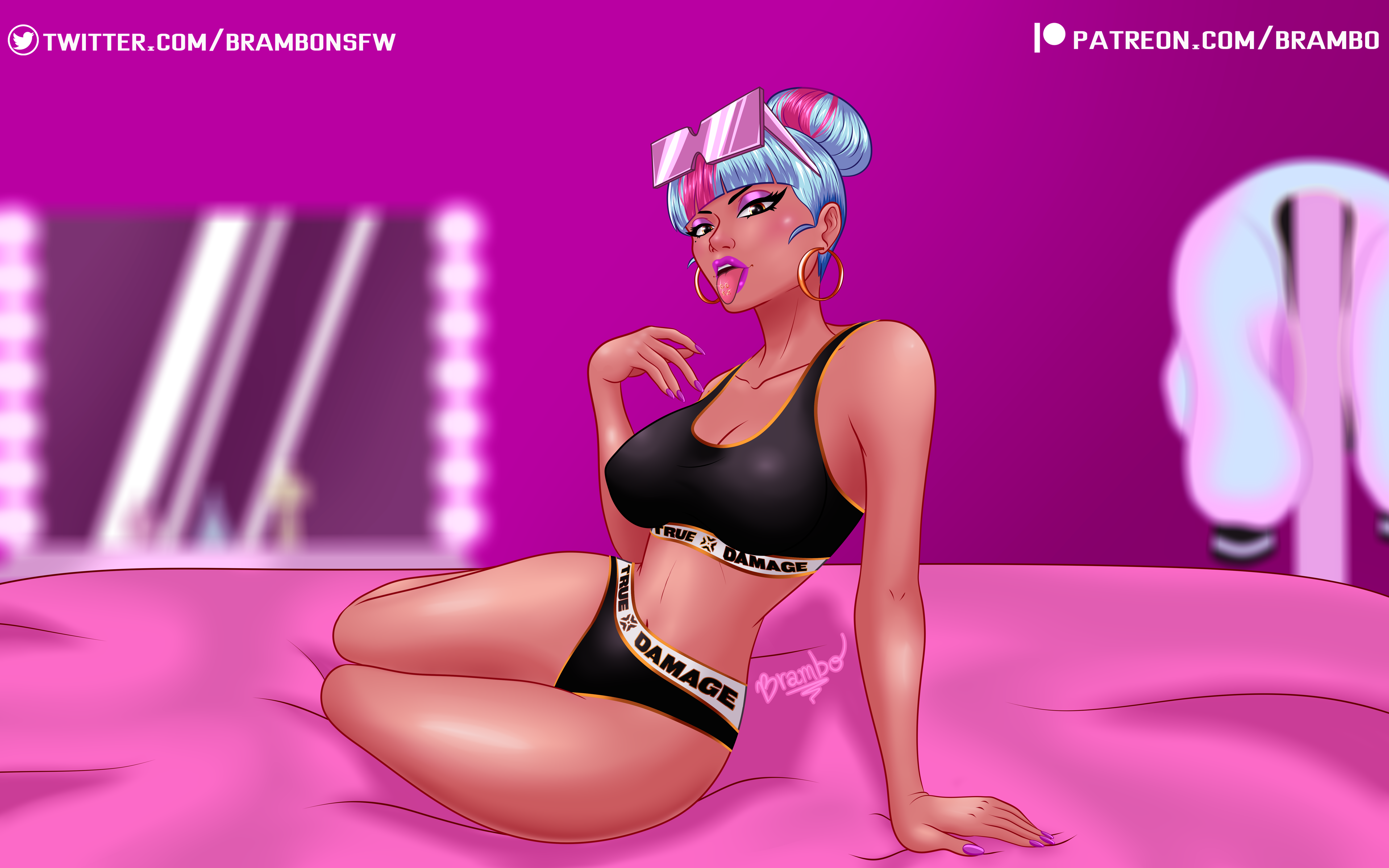 1girls, black panties, brambo, brown skin, brown-skinned female, dark skin, dark-skinned female, eyewear on head, female, league of legends, lingerie, multicolored hair, panties, qiyana yunalai, solo, sports bra, sportswear, straight hair, sunglasses on head, thighs, true damage qiyana, true damage series, underwear