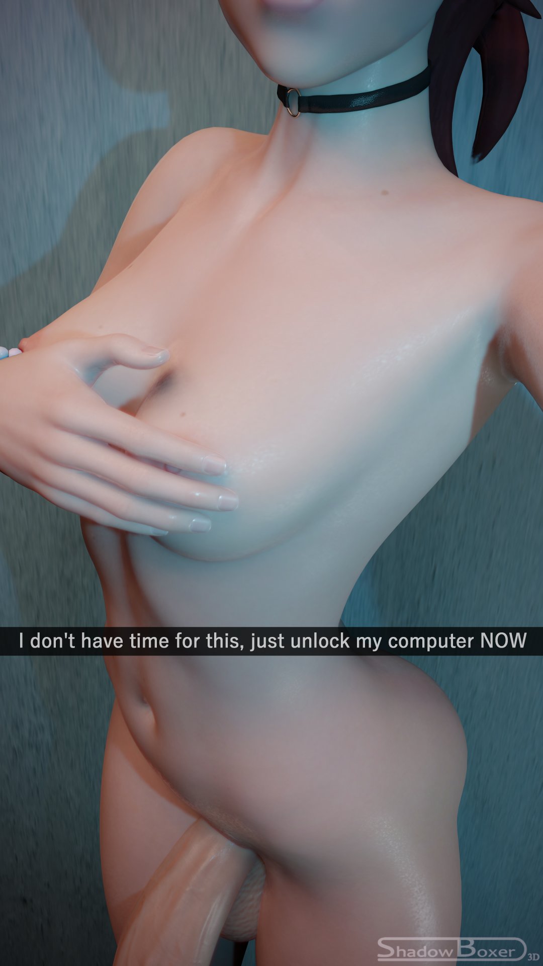 1futa, 3d, areolae, big breasts, big penis, blender, breasts, choker, d.va, flaccid, futa only, futanari, half-erect, intersex, large breasts, nipples, overwatch, penis, selfie, shadowboxer, snapchat, solo, text