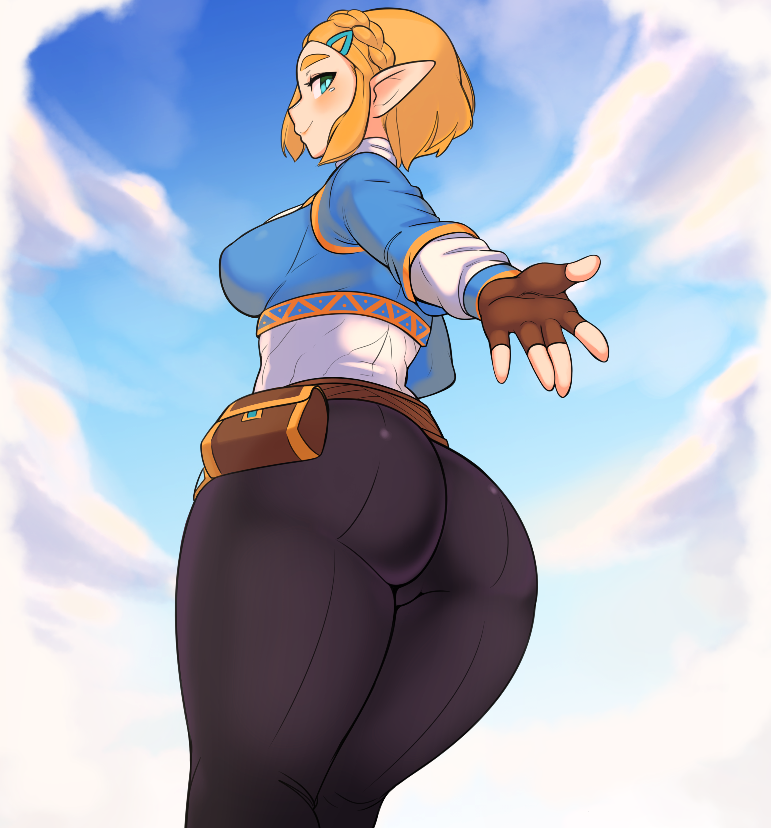 alternate version available, ass, bell haircut, blonde hair, bob cut, demigoddess, female, happy female, hylian, leggings, pointy ears, princess, princess zelda, royalty, shnibbles, short hair, solo, tears of the kingdom, the legend of zelda, thick ass, thick thighs, thighs, yoga pants, zelda (tears of the kingdom)
