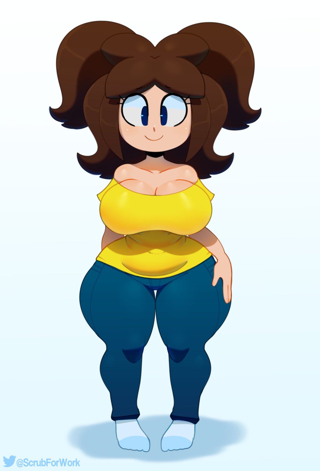 1girls, 3barts, bare shoulders, big breasts, blue eyes, breasts, brown hair, cleavage, clothed, clothes, clothing, eyelashes, female, female only, full body, fully clothed, hand on hip, hips, huge breasts, jeans, jess (3barts), large breasts, looking at viewer, muffin top, no shoes, pants, shirt, smile, socks, solo, solo female, somescrub, tagme, thick thighs, thighs, twitter, twitter username, wide hips, yellow shirt