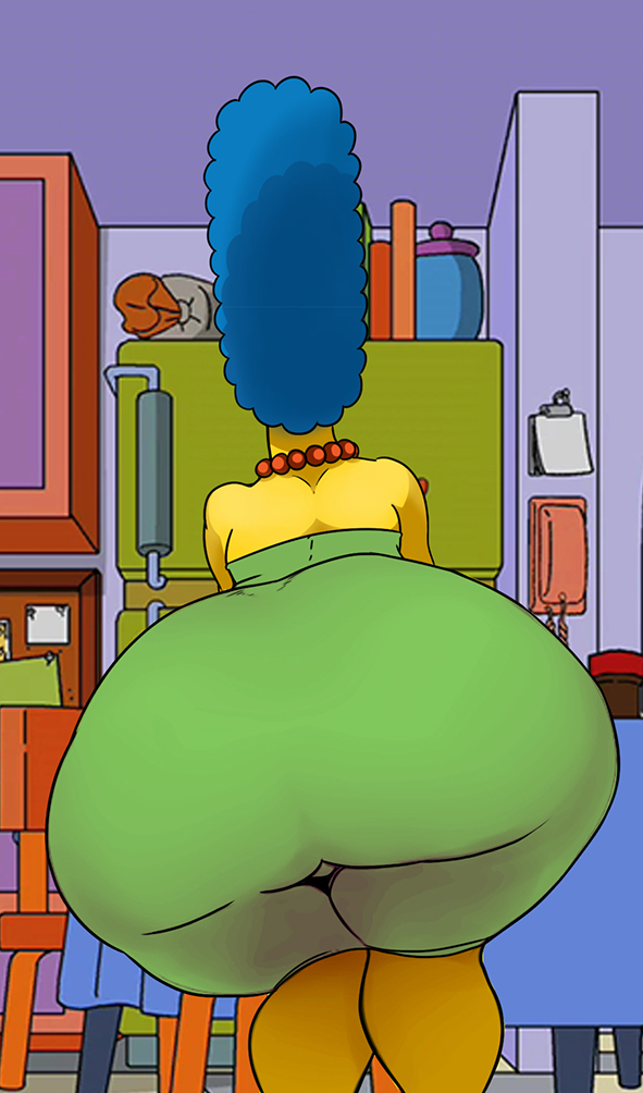 1girls 20th_century_fox 20th_century_studios bent_over big_ass big_butt blue_hair butt female green_hair marge_simpson milf rear_view solo the_simpsons yellow_skin