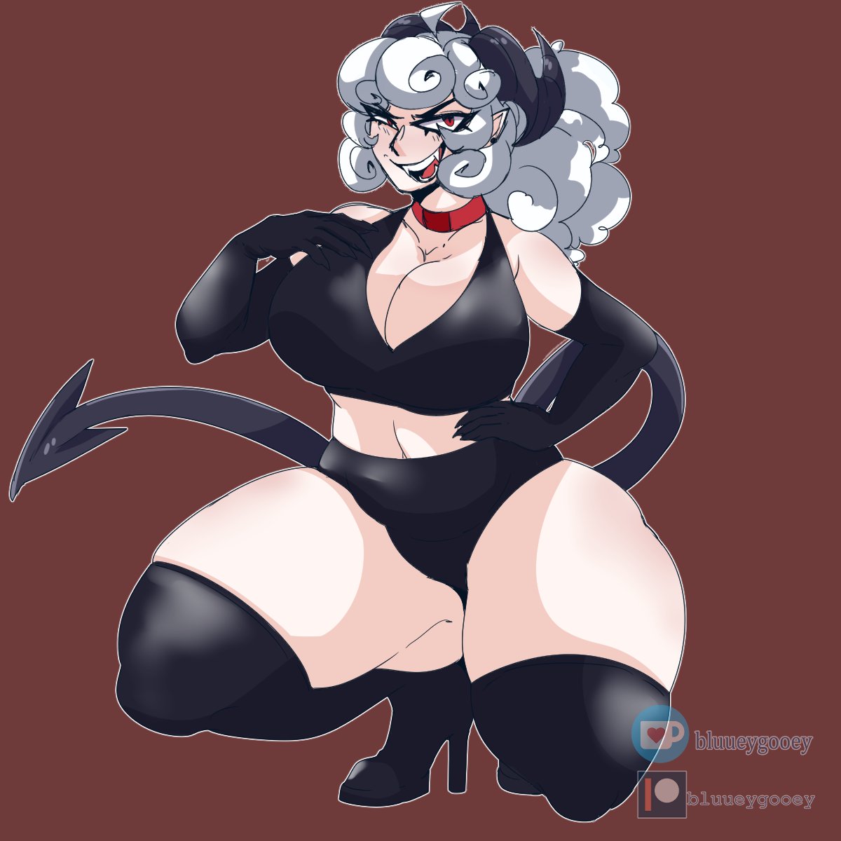 big breasts, bikini, bluueygooey, breasts, choker, cleavage, demon, demon girl, demon horns, demon tail, devil, fangs, female, heels, helltaker, pandemonica (helltaker), thick thighs, thigh bulge, thighhighs, thighs, white hair