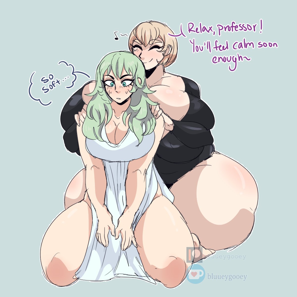 2girls, bbw, big breasts, blonde hair, blush, bluueygooey, breasts, byleth (fire emblem), byleth (fire emblem) (female), chubby, english text, female, female focus, female only, female protagonist, fire emblem, fire emblem: three houses, green hair, height difference, huge breasts, hyper, hyper breasts, long hair, massive breasts, mercedes von martritz, multiple females, multiple girls, nintendo, post-timeskip, short hair, simple background, size difference, text, thick thighs, thighs, venus body, voluptuous, yuri