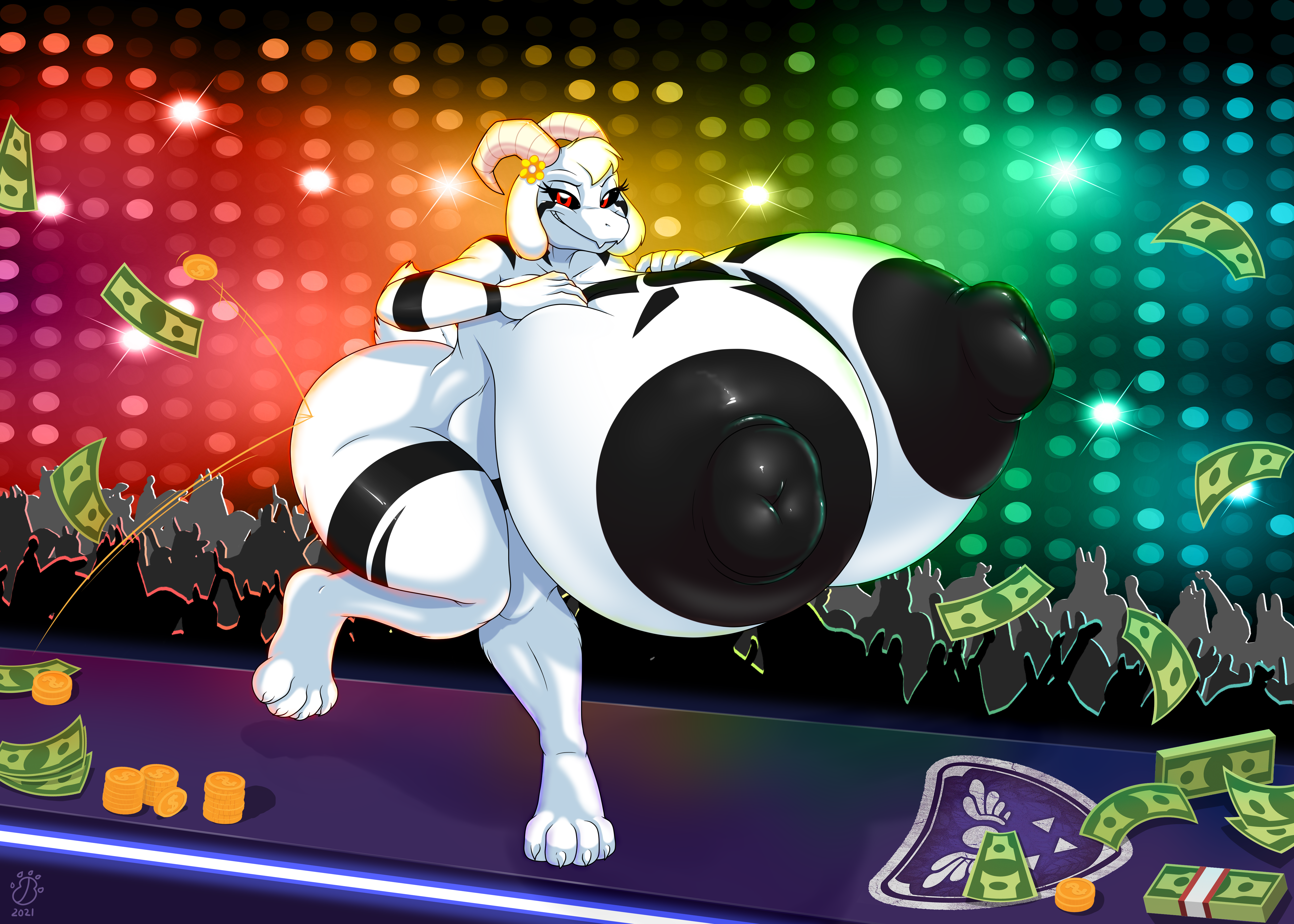 1girls, 2021, 4 toes, absurd res, anjuneko, anthro, areola, asriel dreemurr, asriel dreemurr (god form), badgerben, big breasts, big nipples, black nipples, black sclera, boss monster, bovid, breasts, caprine, coin, cornchip21, digital media (artwork), eyelashes, feet, female, female asriel, genderswap, genderswap (mtf), hand on breast, hi res, horn, huge breasts, huge nipples, hyper, hyper breasts, looking at viewer, mammal, money, mtf crossgender, nipples, red eyes, rule 63, shadow, strip club, toes, undertale, video games