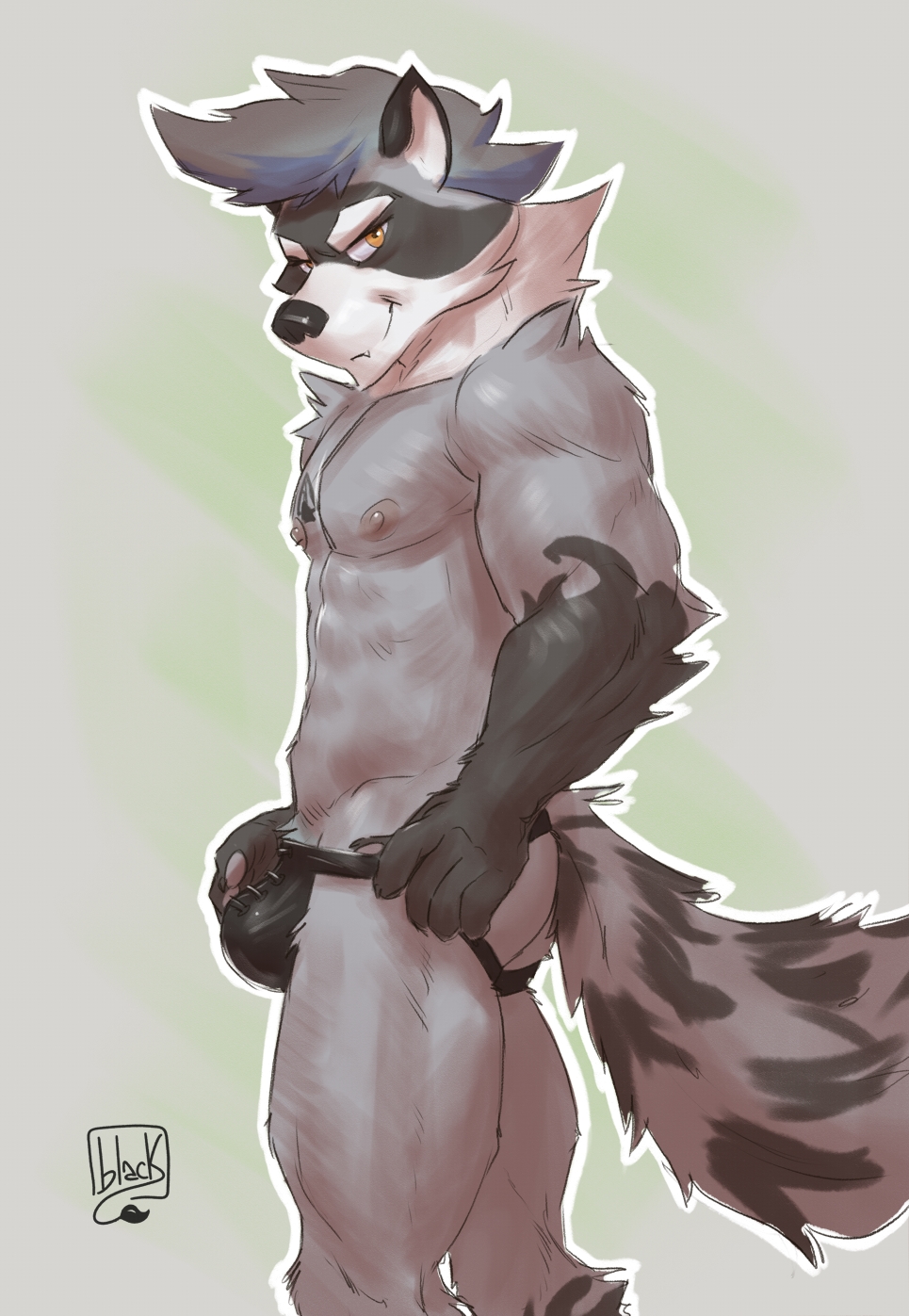 2021 abs anthro blacklion21 brandon_(rxccoon) bulge clothing grey_background hair hand_on_bulge hi_res jockstrap lion21 looking_aside looking_at_viewer male male_focus male_only mammal muscular muscular_anthro muscular_male nipples pecs procyonid raccoon side_view signature simple_background smile solo standing tattoo underwear