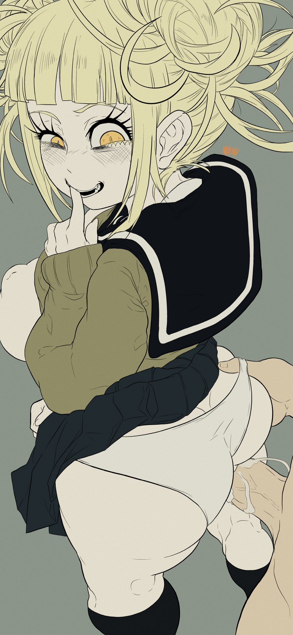 2021, ambiguous penetration, anal, anal penetration, ass, ass cleavage, ass crack, blonde hair, butt crack, cum, cum in pussy, female, finger in mouth, hand on ass, himiko toga, kneesocks, large ass, looking back, looking pleasured, messy hair, my hero academia, noblood, panties, panties aside, puffy nipples, pussy, school uniform, shirt lift, vaginal penetration, yellow eyes