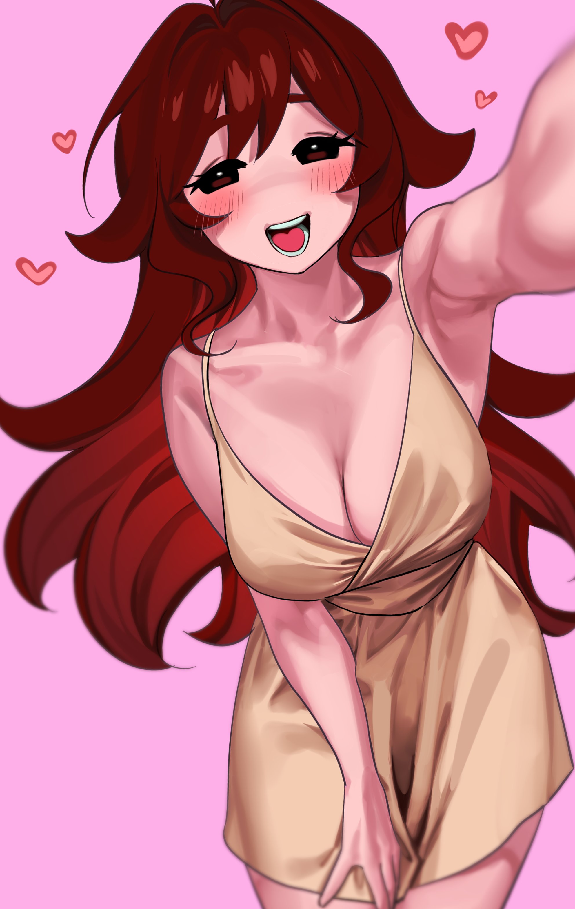 2021, 2d, armpit, big breasts, black eyes, breasts, brown hair, clothed, clothing, dress, eyelashes, eyelashes visible through hair, female, flushed, friday night funkin, girlfriend (friday night funkin), hand on leg, happy, heart, long hair, looking at viewer, nia (nia4294), open mouth, pink background, pink skin, shy, smile, smiling, smiling at viewer, tongue, white skin