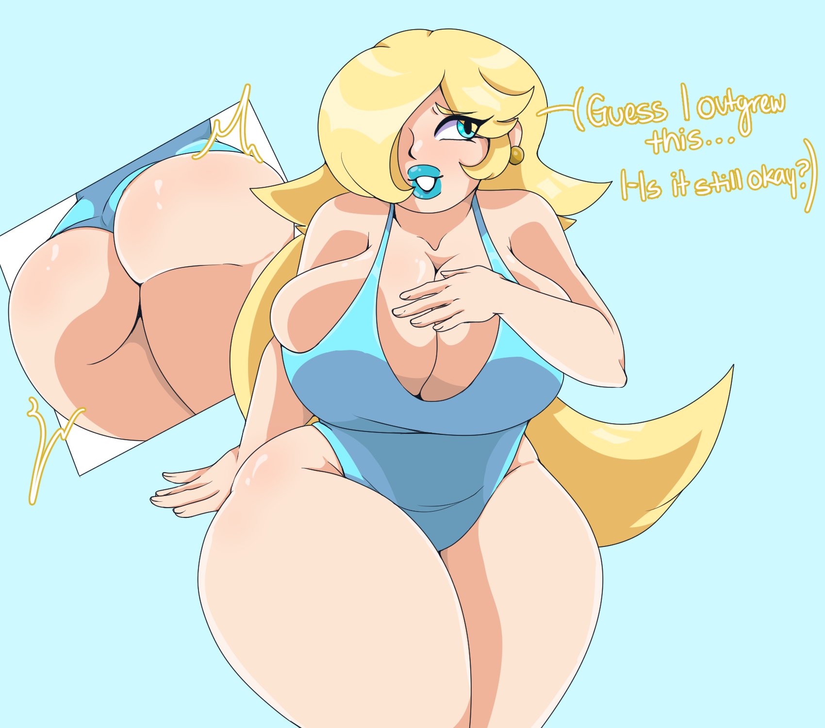 1girls, alternate ass size, alternate breast size, ass, big ass, big breasts, big lips, bimbo, bimbo lips, blonde hair, blue background, blue eyes, blue leotard, blue lips, blue lipstick, bluueygooey, breasts, cleavage, clothing, english text, female, female only, huge breasts, leotard, lips, lipstick, long hair, mario (series), multiple images, multiple views, nintendo, princess rosalina, simple background, solo, standing, super mario galaxy, swimsuit, text, thick lips, thick thighs, thighs