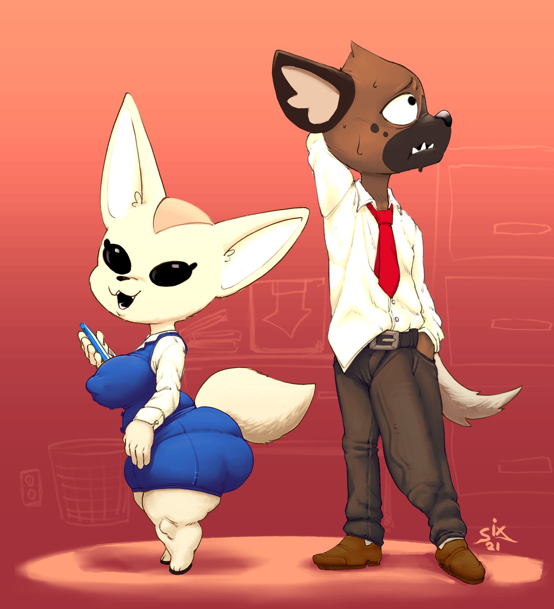 aggressive retsuko, aggretsuko, anthro, ass, breasts, bulge, female, fennec, fenneko, haida, haida (aggretsuko), huge ass, huge breasts, hyena, hyper bimbo, male, office lady, sanrio, shortstack, sixsidesofmyhead, smooth fur