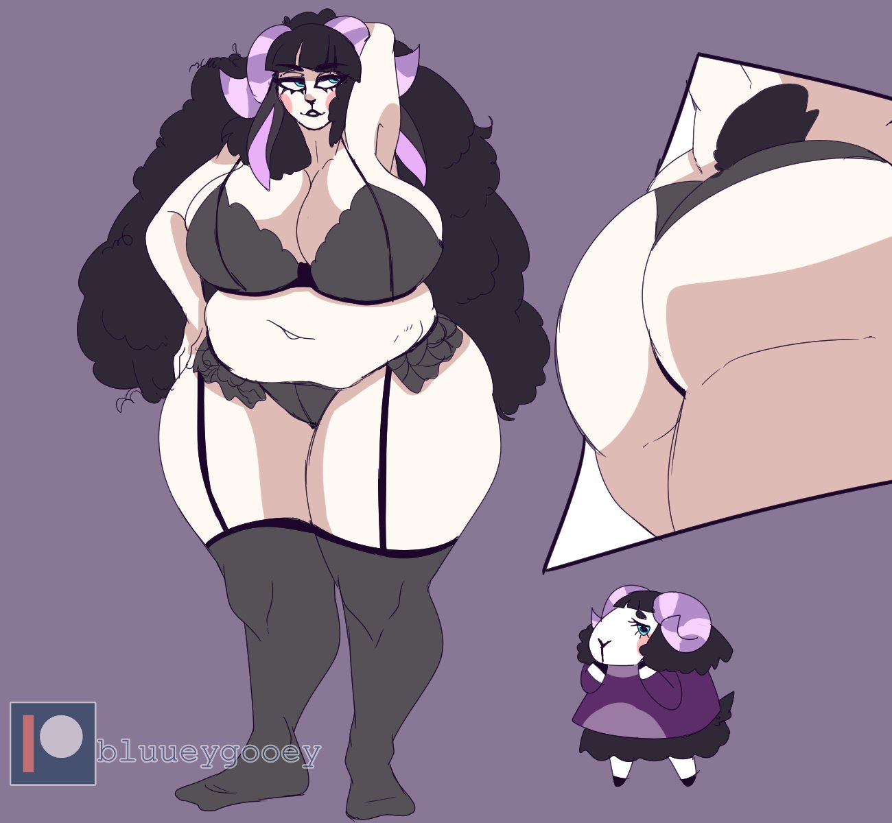 animal crossing, bbw, big breasts, black hair, bluueygooey, bra, breasts, chubby, chubby female, curly hair, fat, female, garter belt, gijinka, huge breasts, human, humanized, lingerie, long hair, muffy (animal crossing), nintendo, overweight, sheep, sheep girl, slightly chubby, thick thighs, thighs, wide hips