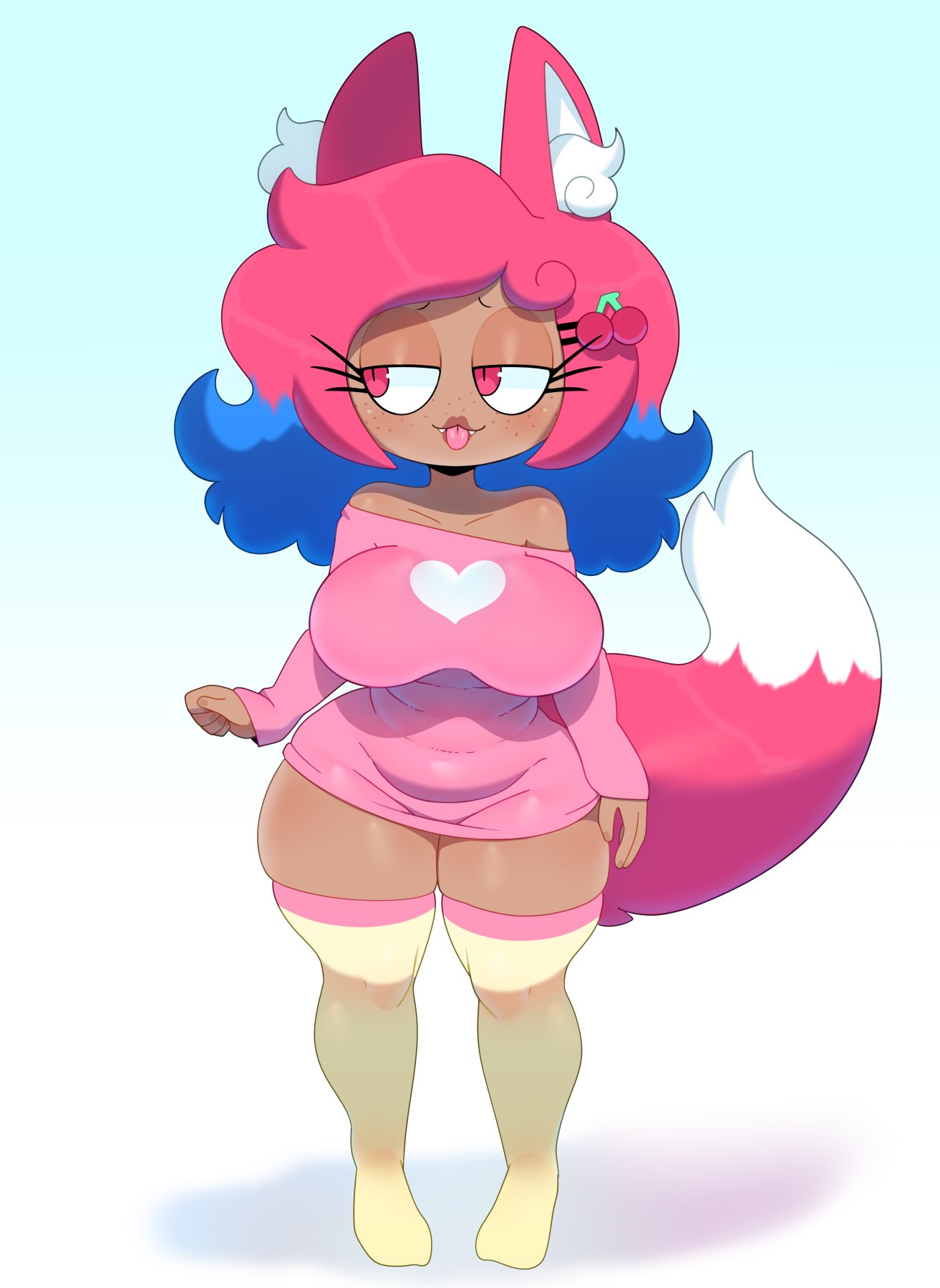 :3, animal ears, big breasts, breasts, dark skin, dark-skinned female, facing viewer, female, freckles, kitsune, legwear, looking to the side, muffin top, multicolored hair, multicolored legwear, original, original character, pink sweater, red eyes, slightly chubby, smile, somescrub, sweater, tagme, tail, thick thighs, tongue, tongue out, twitter