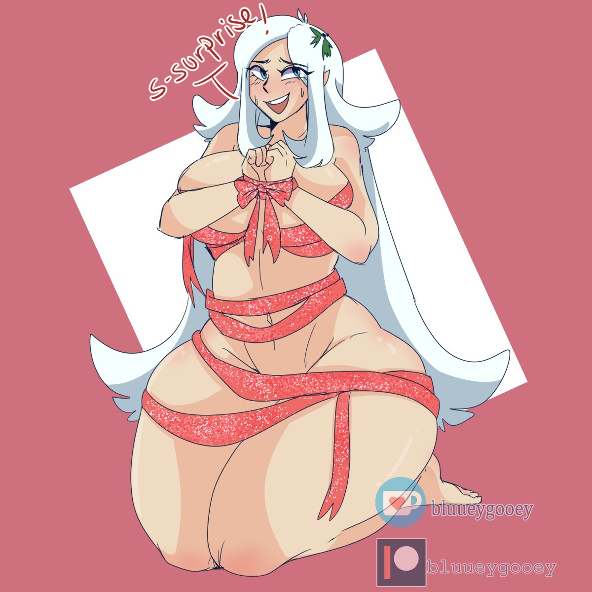 big_breasts bluueygooey christmas female gift_wrapped gift_wrapping hotspring hotspring_(bluueygooey) long_hair my_hero_academia original original_character ribbon ribbon_bondage ribboned_body thick_thighs white_hair