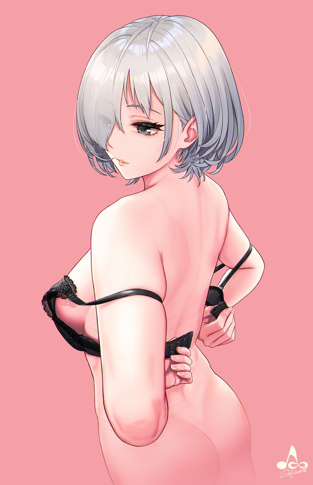 1girls arms_behind_back artist_name ass bangs bare_shoulders black_bra bra breasts cowboy_shot dressing eyes_visible_through_hair female from_side grey_hair hair_over_one_eye highres infinote lace lace-trimmed_bra lace_trim medium_breasts open_bra original parted_lips pink_background sashou_mihiro short_hair sideboob solo strap_slip symbol_commentary underwear