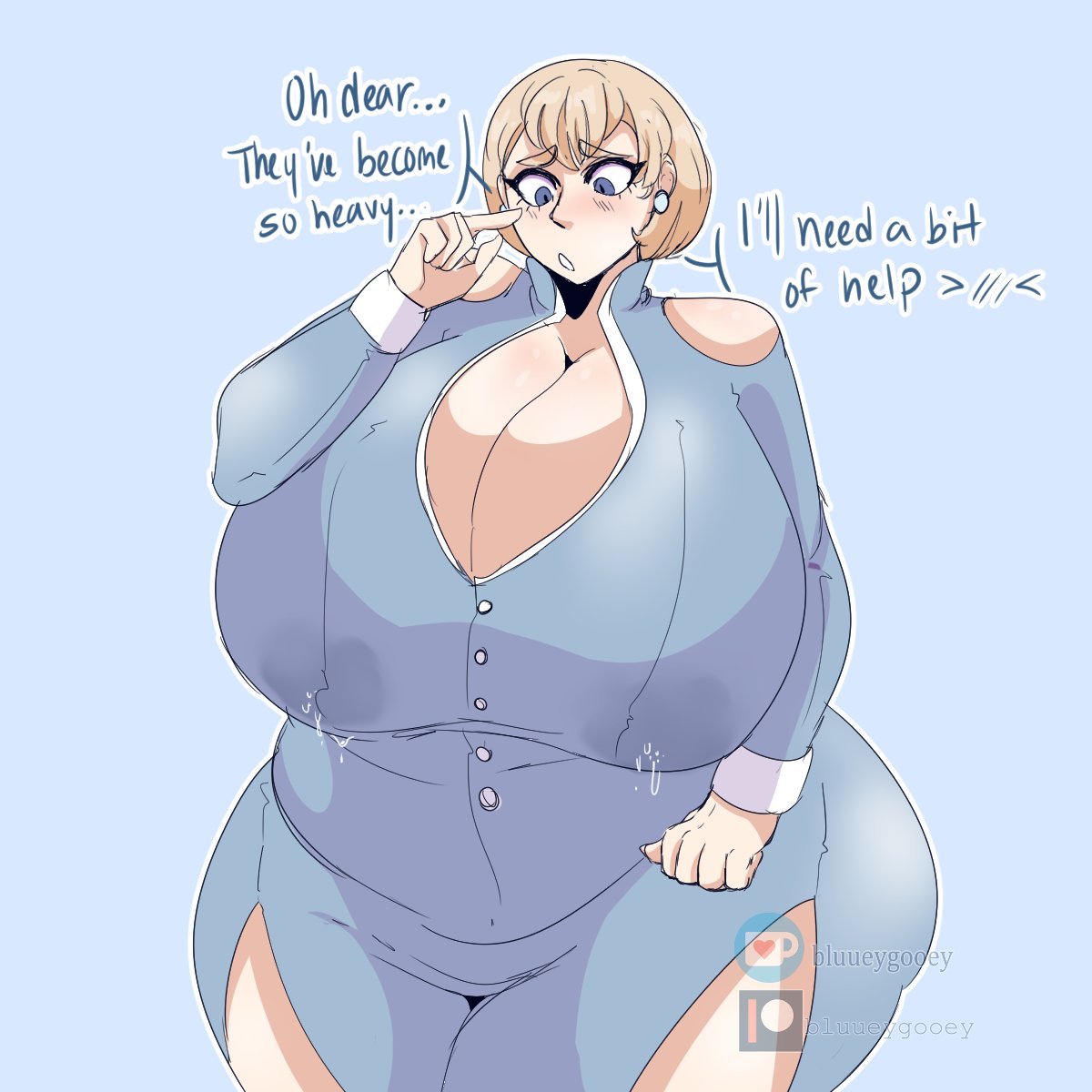 1girls, bluueygooey, breast expansion, breast growth, breast growth (enlargement), breasts, cleavage, clothed female, dialogue, english text, female, female focus, female only, fire emblem, fire emblem: three houses, huge breasts, lactating, lactation, leaking milk, massive breasts, mercedes von martritz, milk, nintendo, post-timeskip, simple background, text, thick thighs, thighs, voluptuous