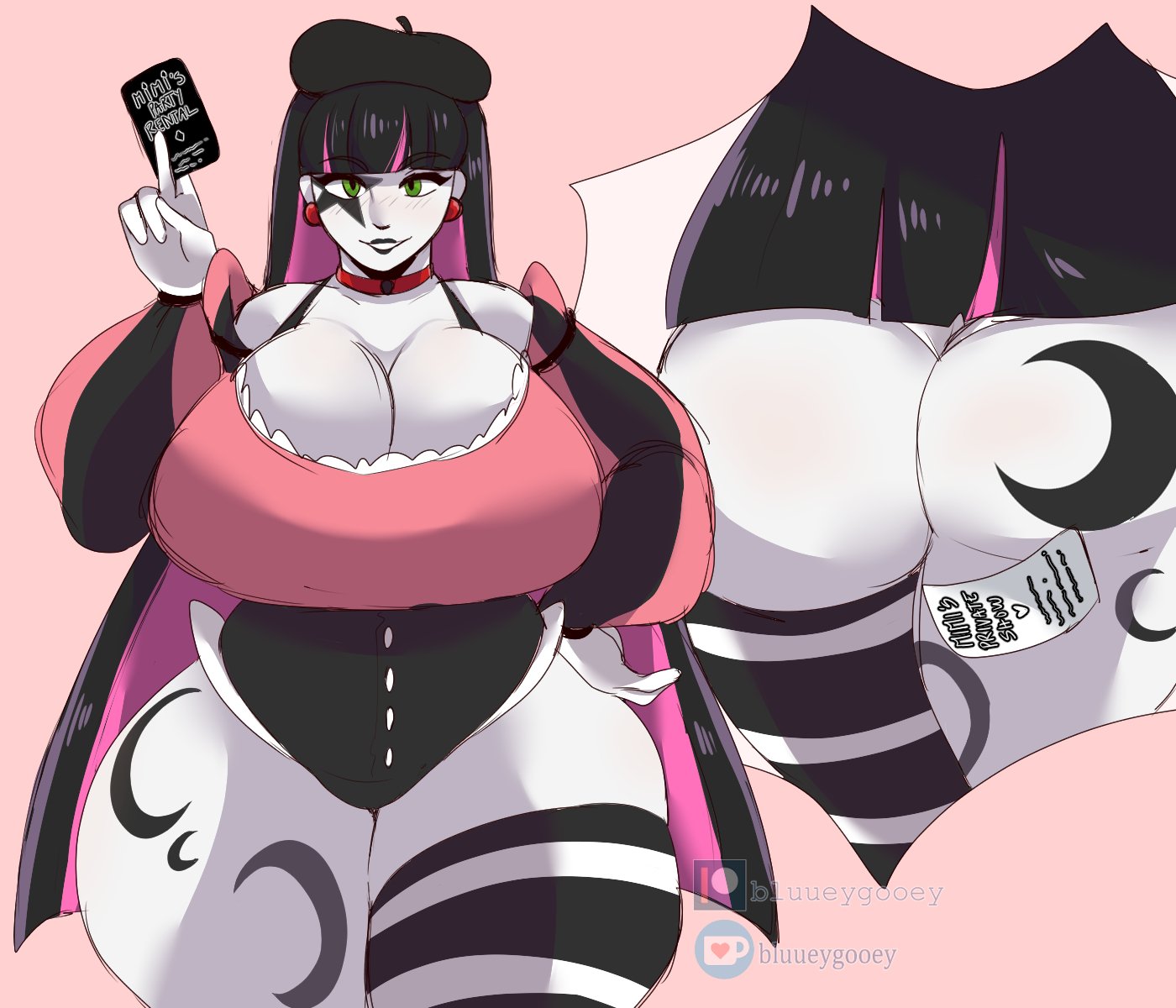 1girls, ass, ass focus, big ass, big breasts, bluueygooey, borrowed character, bottomless, breasts, cleavage, exposed ass, female, female focus, female only, huge breasts, light skin, light-skinned female, madam penny, makeup, massive ass, mime, multicolored hair, original character, pale skin, pale-skinned female, solo, striped legwear, thick ass, thick thighs, thighhighs, thighs