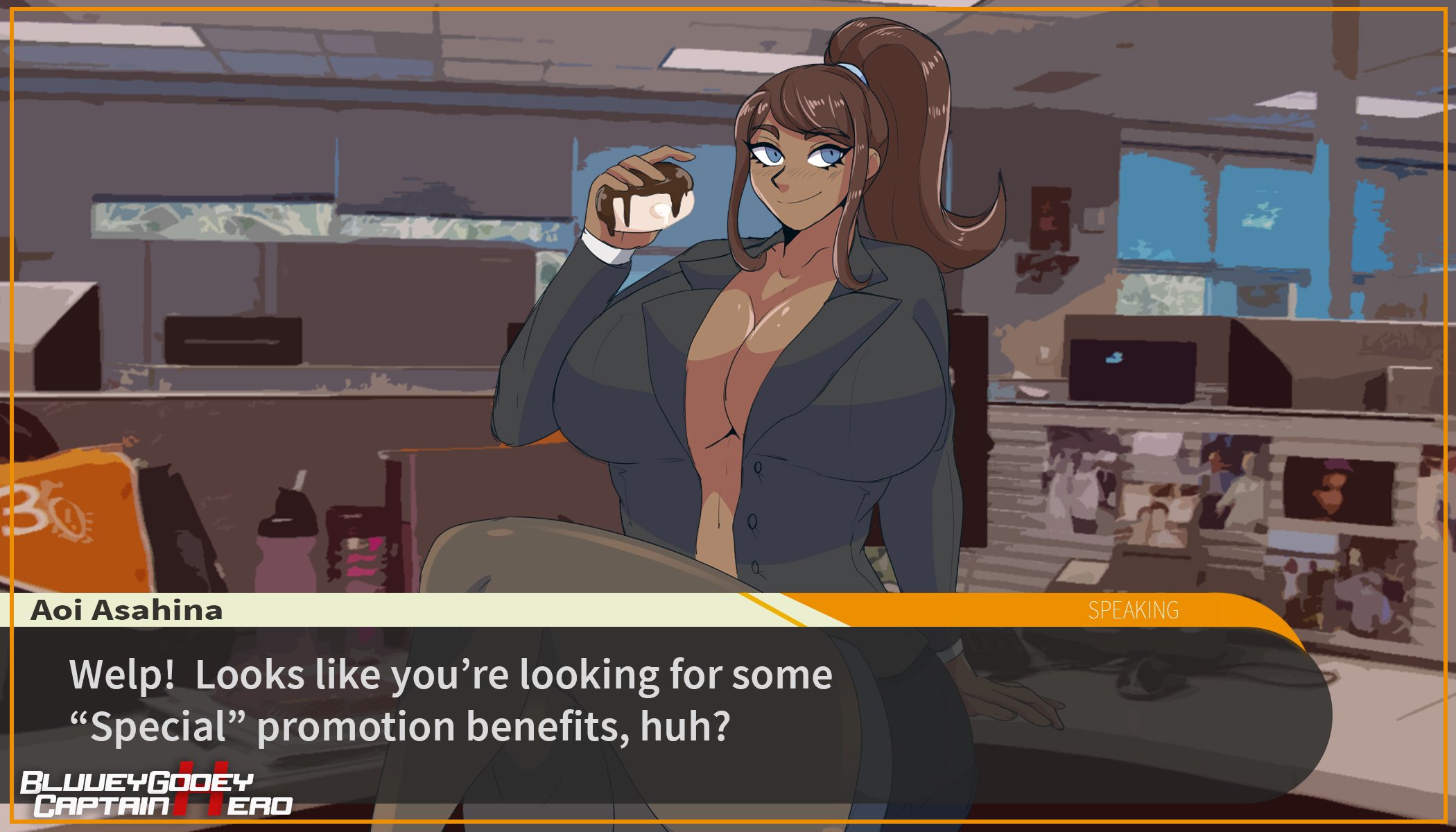 1girls, alternate breast size, asahina aoi, big breasts, bluueygooey, breasts, busty, cleavage, crossed legs, curvy, danganronpa, danganronpa (series), danganronpa 1, dark skin, dark-skinned female, dialogue, dialogue box, donut, female, female focus, female only, huge breasts, implied sex, massive breasts, solo, straight hair, text, thick thighs, thighs, tights, unbuttoned