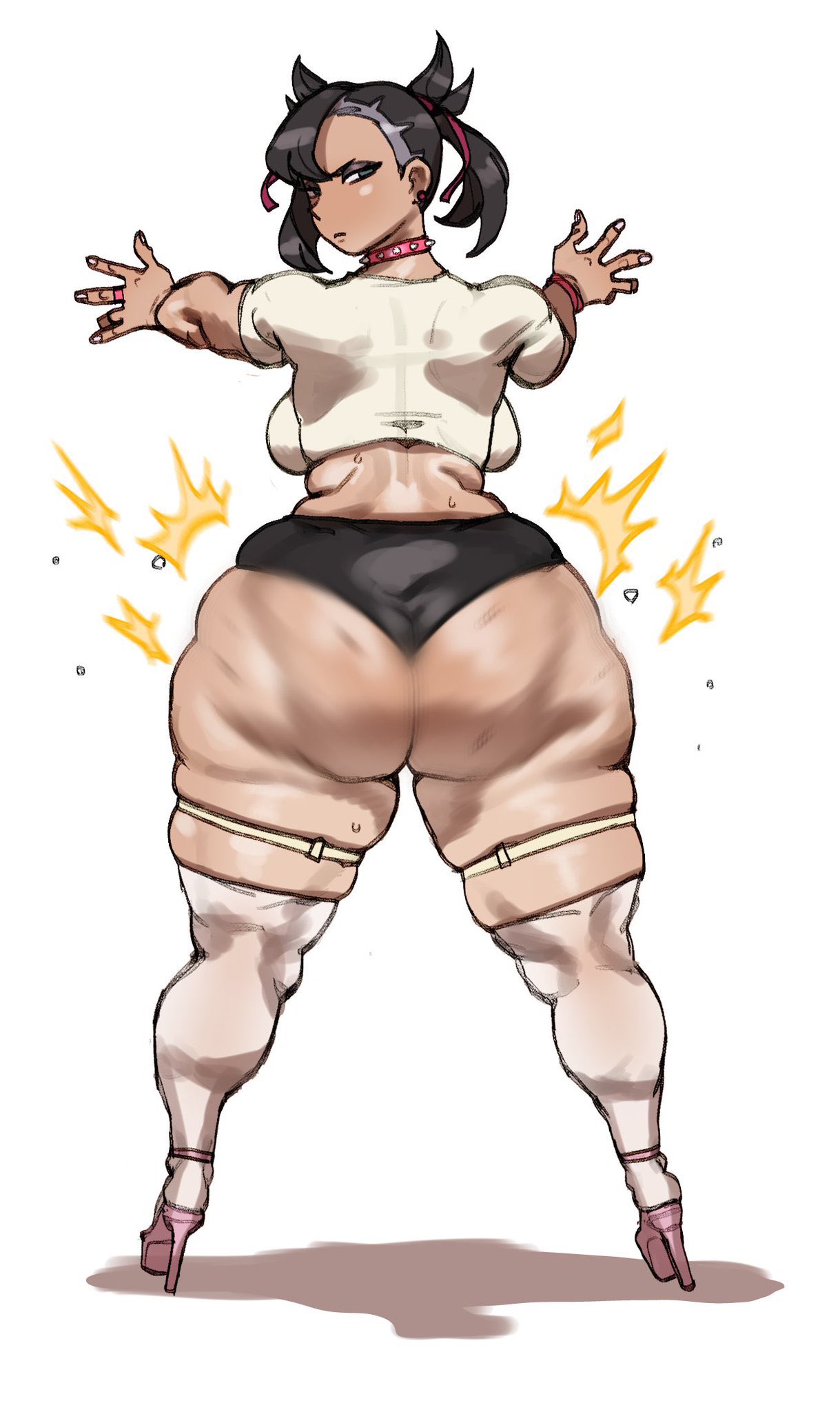 1girls, against wall, ass, ass clapping, big ass, big butt, black hair, breasts, bubble ass, bubble butt, choker, clapping cheeks, curvaceous, eye contact, fat ass, female, huge ass, looking at viewer, looking back, marnie (pokemon), massive ass, motion blur, nintendo, pokemon, pokemon ss, solo, sweat, thick thighs, thighhighs, tod0231, twerking, twintails, venus body, voluptuous