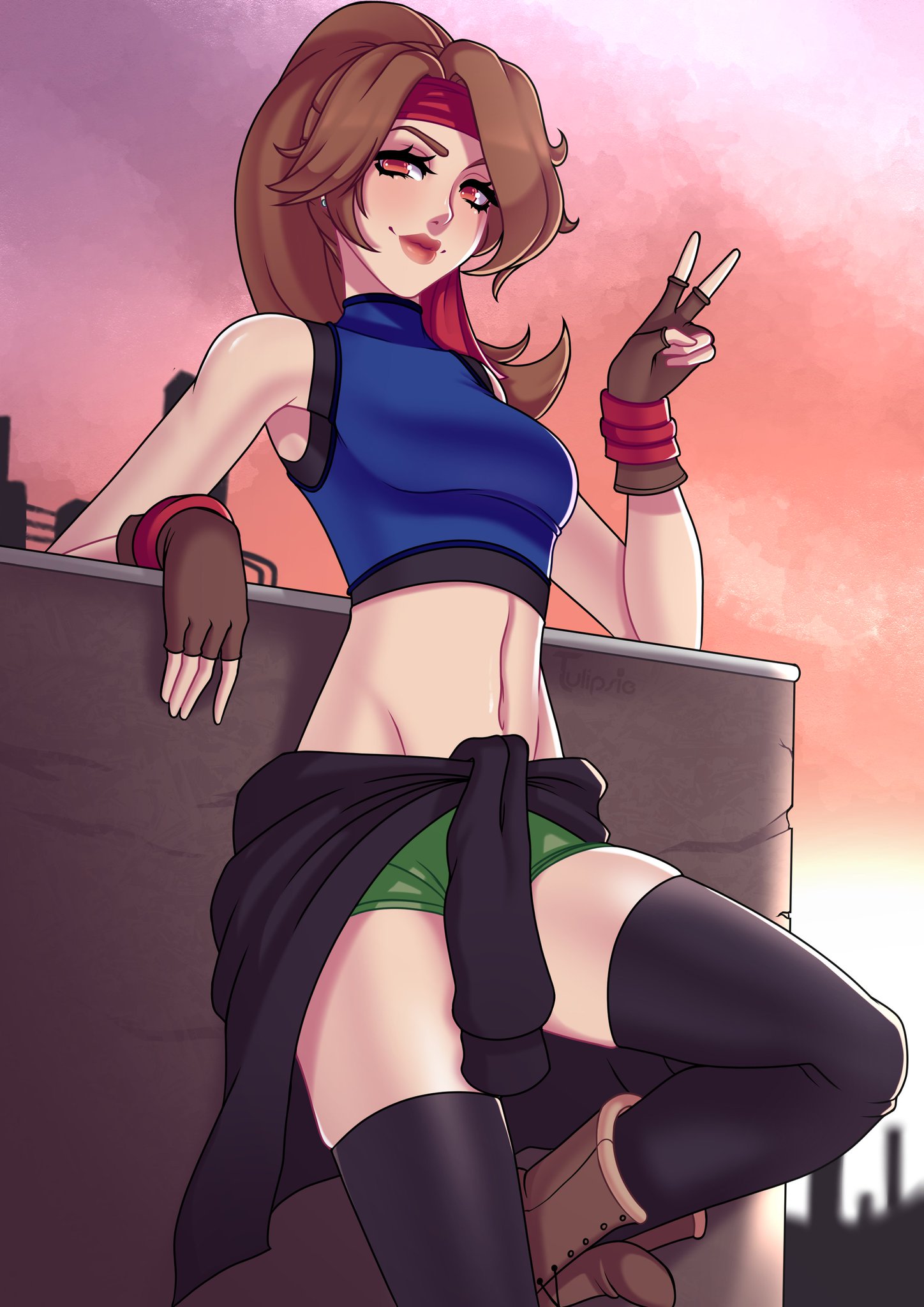 1girls, brown hair, clothed, crop top, female, female only, final fantasy, final fantasy vii, jessie rasberry, lipstick, looking down at viewer, peace sign, ponytail, smile, smiling at viewer, solo, standing, tulipsie