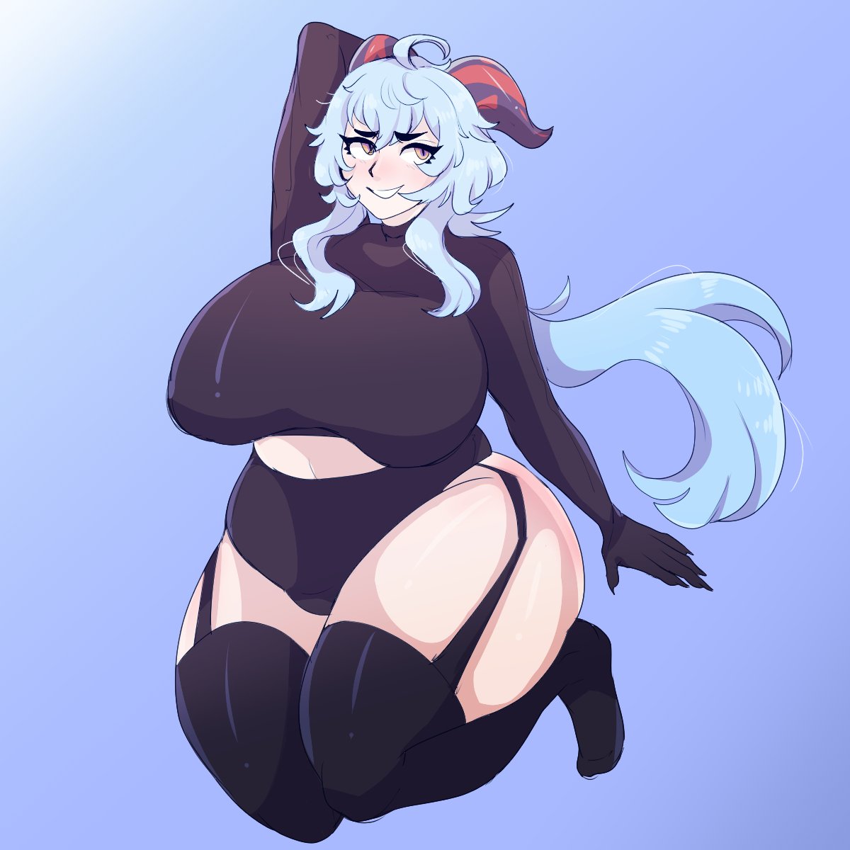 1girls, alternate breast size, big breasts, blue hair, bluueygooey, breasts, breasts bigger than head, female, female focus, female only, ganyu (genshin impact), garter belt, genshin impact, horn, horns, huge breasts, long hair, massive breasts, thick thighs, thighs