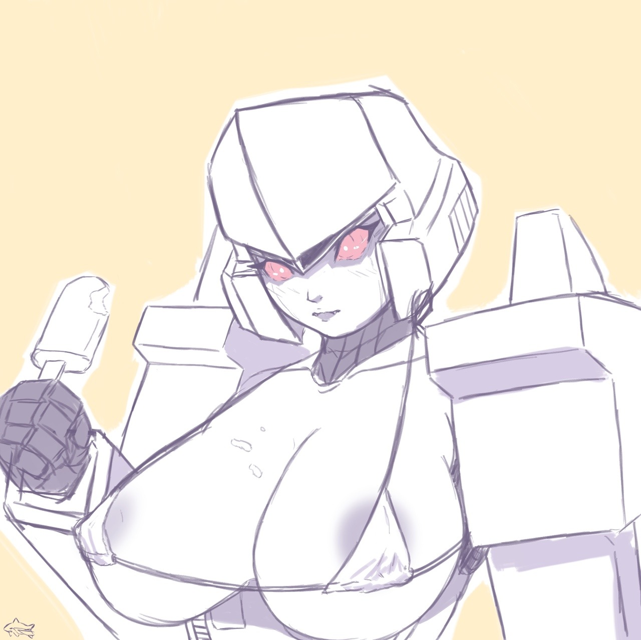 1girls, alien, alien girl, areola, areola slip, big breasts, breasts, busty, female, female only, grey nipples, ice cream, machine, megatron, micro bikini, red eyes, robot, robot girl, rule 63, solo, solo female, transformers, transformers g1