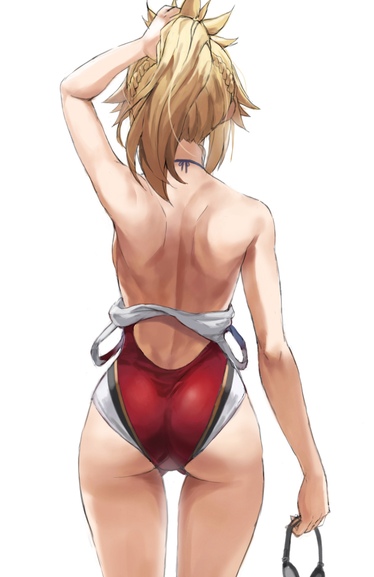 1girls, 2d, alternate version available, arm up, ass, back, back view, big ass, blonde hair, braid, breasts, cowboy shot, fate (series), fate/apocrypha, fate/grand order, female, female ass, female only, french braid, mordred (fate), one arm up, one-piece swimsuit, partially clothed, ponytail, red swimsuit, simple background, small breasts, solo, swimsuit, swimsuit down, thighs, tied hair, tonee, tying hair, undressed, white background