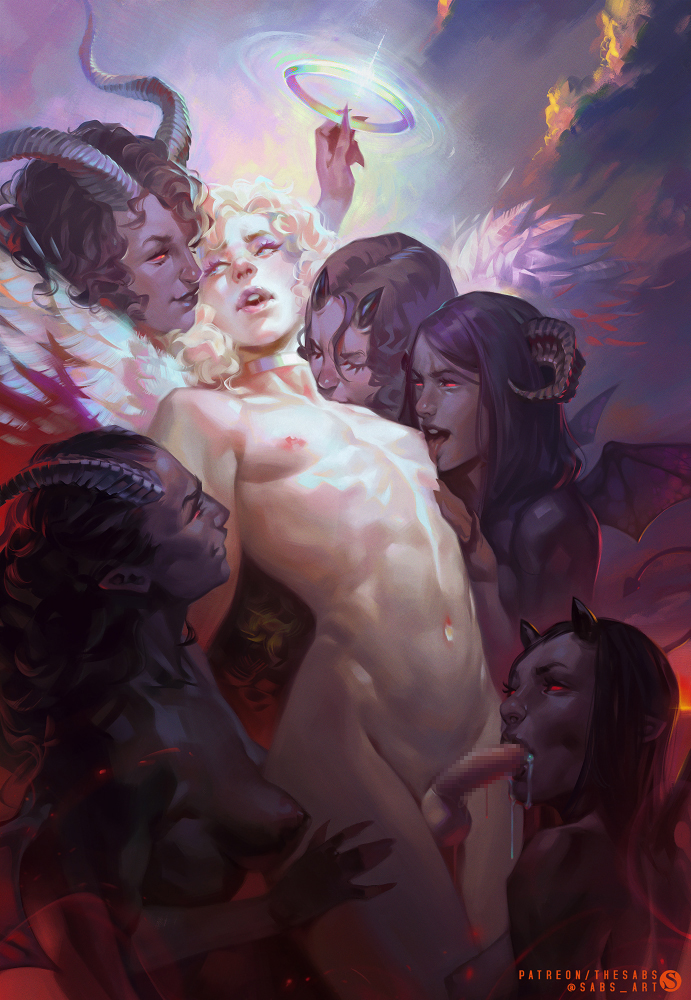 1boy 5girls androgynous angel angel_boy angel_wings assisted_fellatio belly belly_button black_hair blonde blonde_hair blowjob breast_sucking censor censored collar demon demon_girl demon_horns demon_wings demoness fellatio female_on_femboy femboy femboy_on_female flat_chest girly halo harem has_uncensored_version horns licking licking_male_nipple long_hair male_focus medium_breasts multiple_girls nipple_suck realistic red_eyes sabudenego saliva saliva_trail shaved tail teamwork trap wings