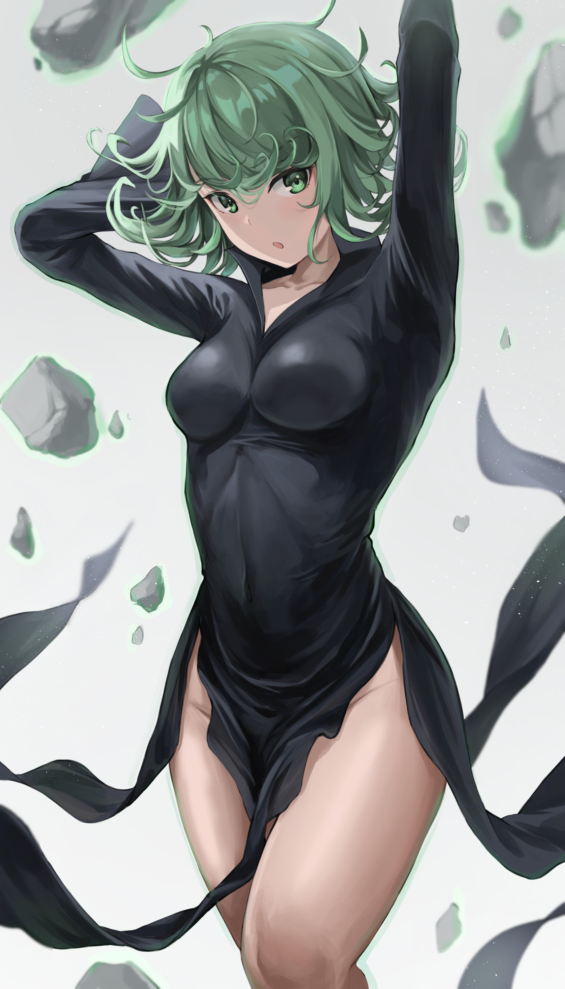 :o, 1girls, abs, arms up, aura, black dress, breasts, curly hair, dress, eyebrows, eyebrows visible through hair, female, female focus, female only, flying, green eyes, green hair, hair, hair up, high resolution, highres, huruyi 817, looking to the side, medium breasts, navel line, one-punch man, open mouth, rock, simple background, solo, solo female, solo focus, superheroine, tatsumaki, telekinesis, thighs, tight clothing, tight dress, white background