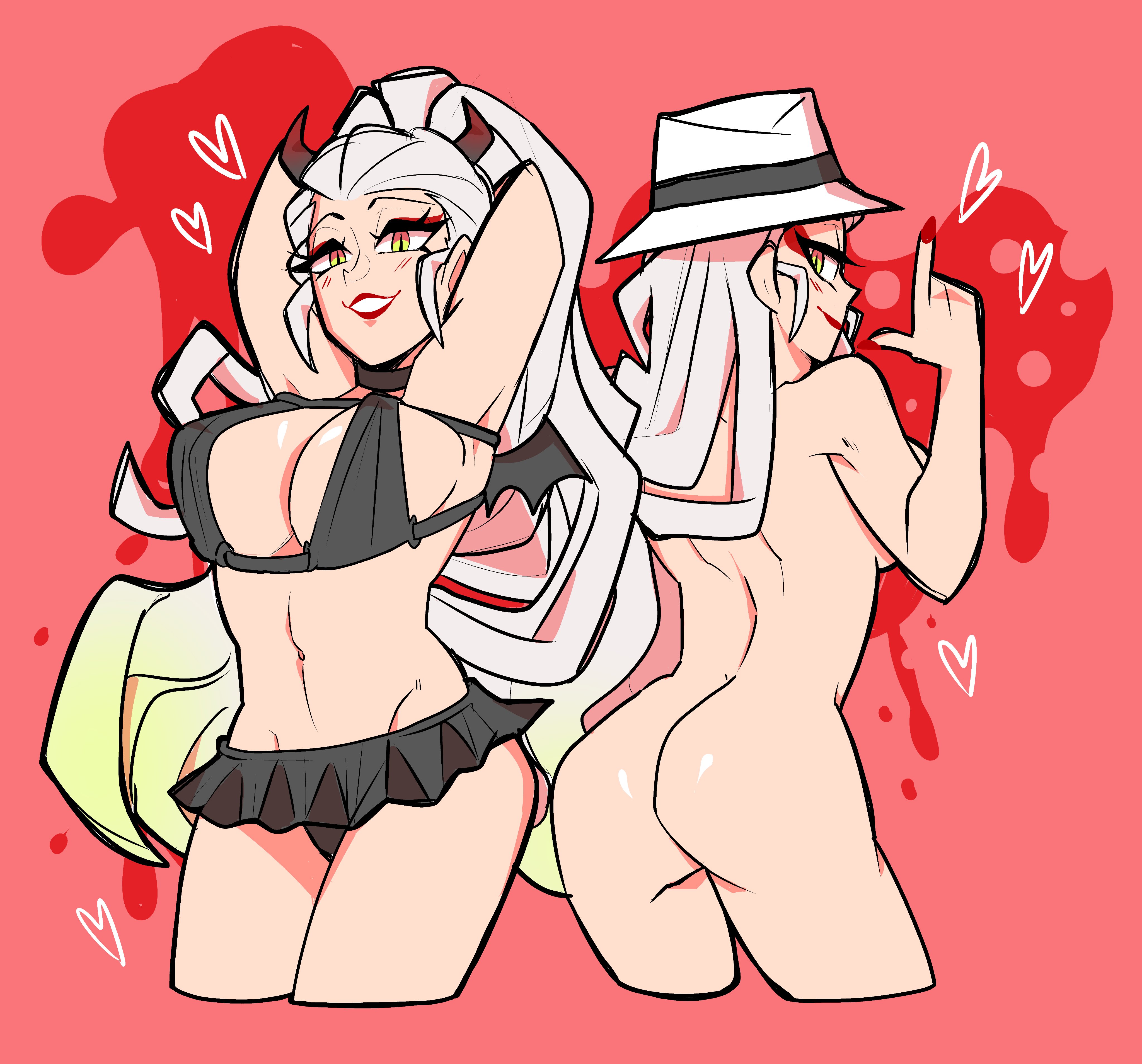 2girls, bbeetleko, cleavage, daki (kimetsu no yaiba), demon slayer, female, female only, hat, horns, kimetsu no yaiba, multiple females, multiple girls, naked, tagme, white hair