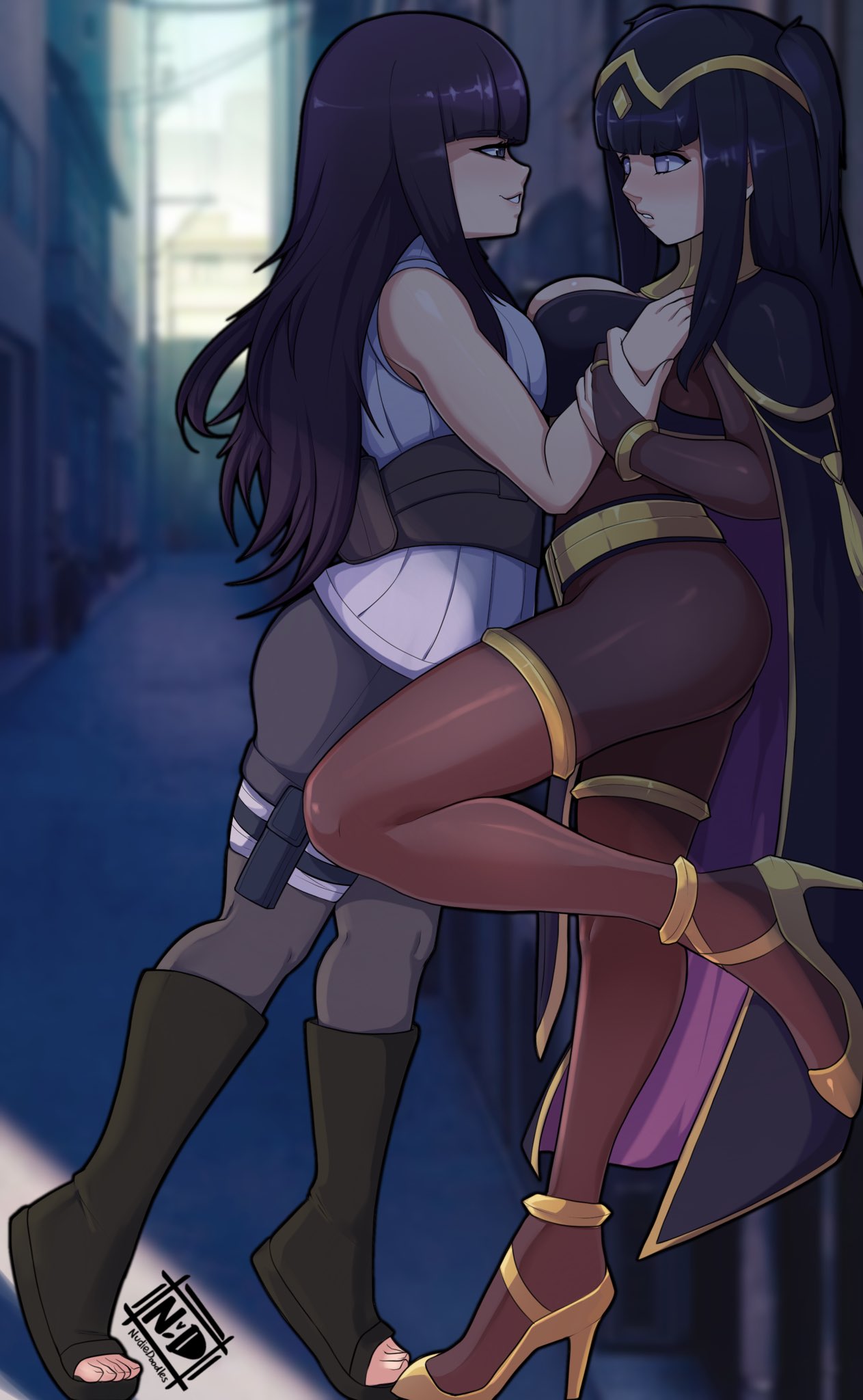 2girls, alley, bangs, bodystocking, breasts, city, clothing swap, costume swap, crossover, female, female only, fire emblem, fire emblem awakening, high heels, hyuuga hinata, hyuuga hinata (naruto: the last), large breasts, long hair, looking at another, naruto, naruto (series), naruto: the last, nintendo, nudiedoodles, outside, smile, tharja (fire emblem), voice actor connection, yuri
