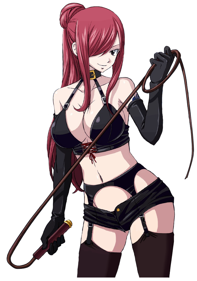 1girls, arm tattoo, black legwear, blue tattoo, breasts, erza scarlet, fairy tail, fairy tail mark, female, garter straps, gloves, large breasts, lingerie, red hair, red-haired female, short shorts, shorts, smile, tattoo, whip