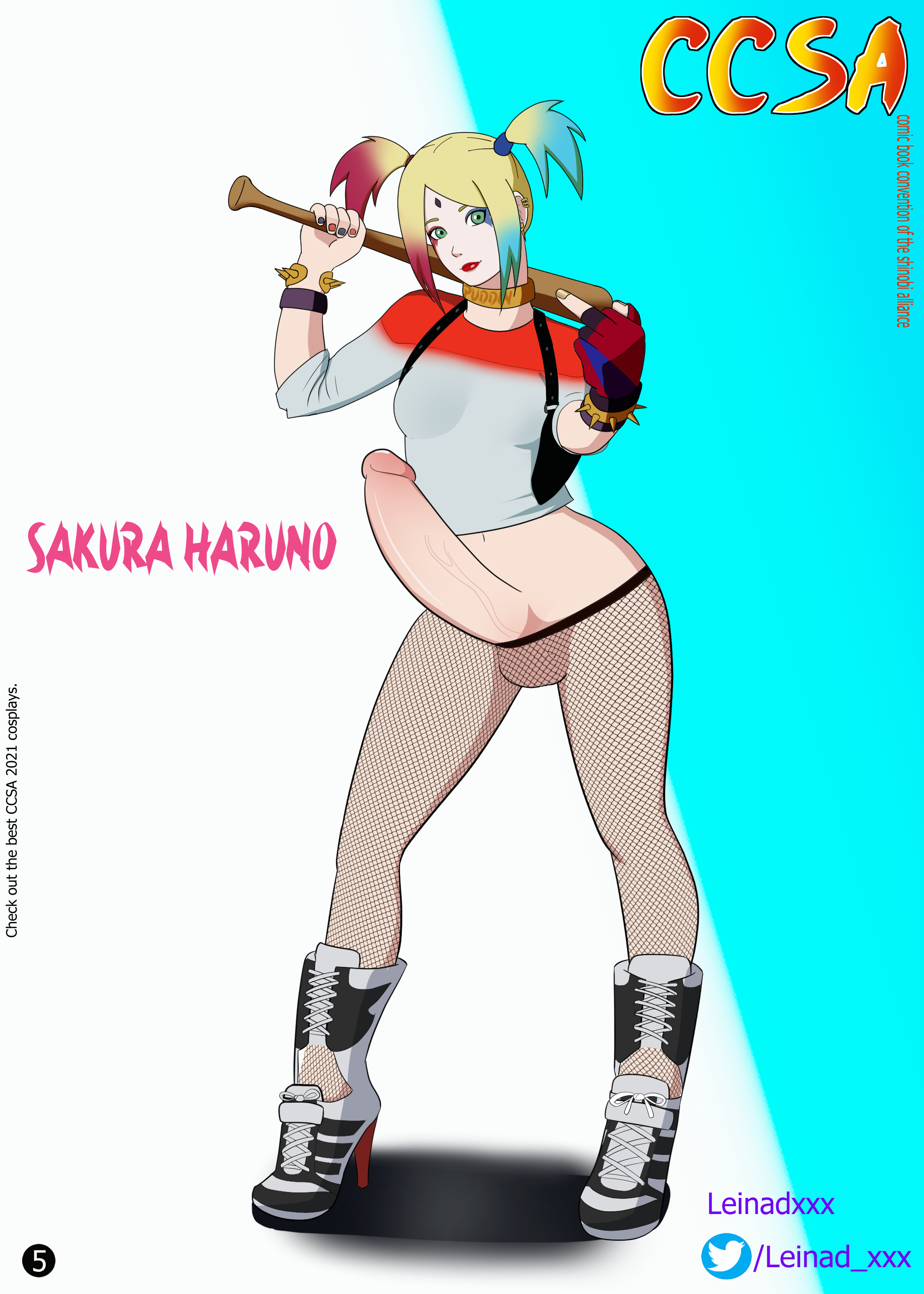 1futa, balls, baseball bat, blonde hair, breasts, clothed, clothing, colored hair, cosplay, dc, dc comics, erect penis, fishnets, futa only, futanari, girly, harley quinn, harley quinn (cosplay), huge cock, human, intersex, leinadxxx, light skin, magazine, middle finger, naruto, naruto (series), naruto: the last, pale skin, partially clothed, penis, sakura haruno, solo, standing, suicide squad