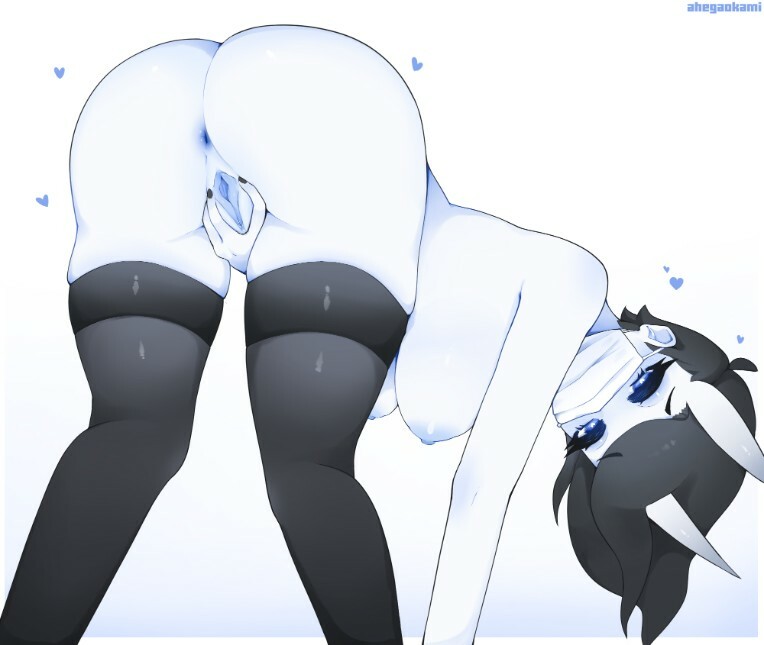 <3 eyes, ahegaokami, anus, asian mythology, ass, bent over, big breasts, black clothing, black hair, black legwear, black stockings, blue eyes, breasts, clothing, demon, east asian mythology, face mask, facemask, female, genitals, hair, heart, hi res, horn, humanoid, japanese mythology, legwear, mask, mythology, narrowed eyes, nude, oni, open mouth, pussy, simple background, solo, spooky (ahegaokami), spread pussy, spreading, stockings, white body, white skin, yokai