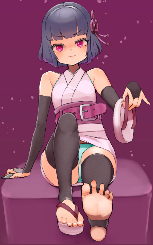 1girls arm_support female_only kunoichi looking_at_viewer nijitama_shiyushiyu panties sandals shoe sitting solo tagme toes