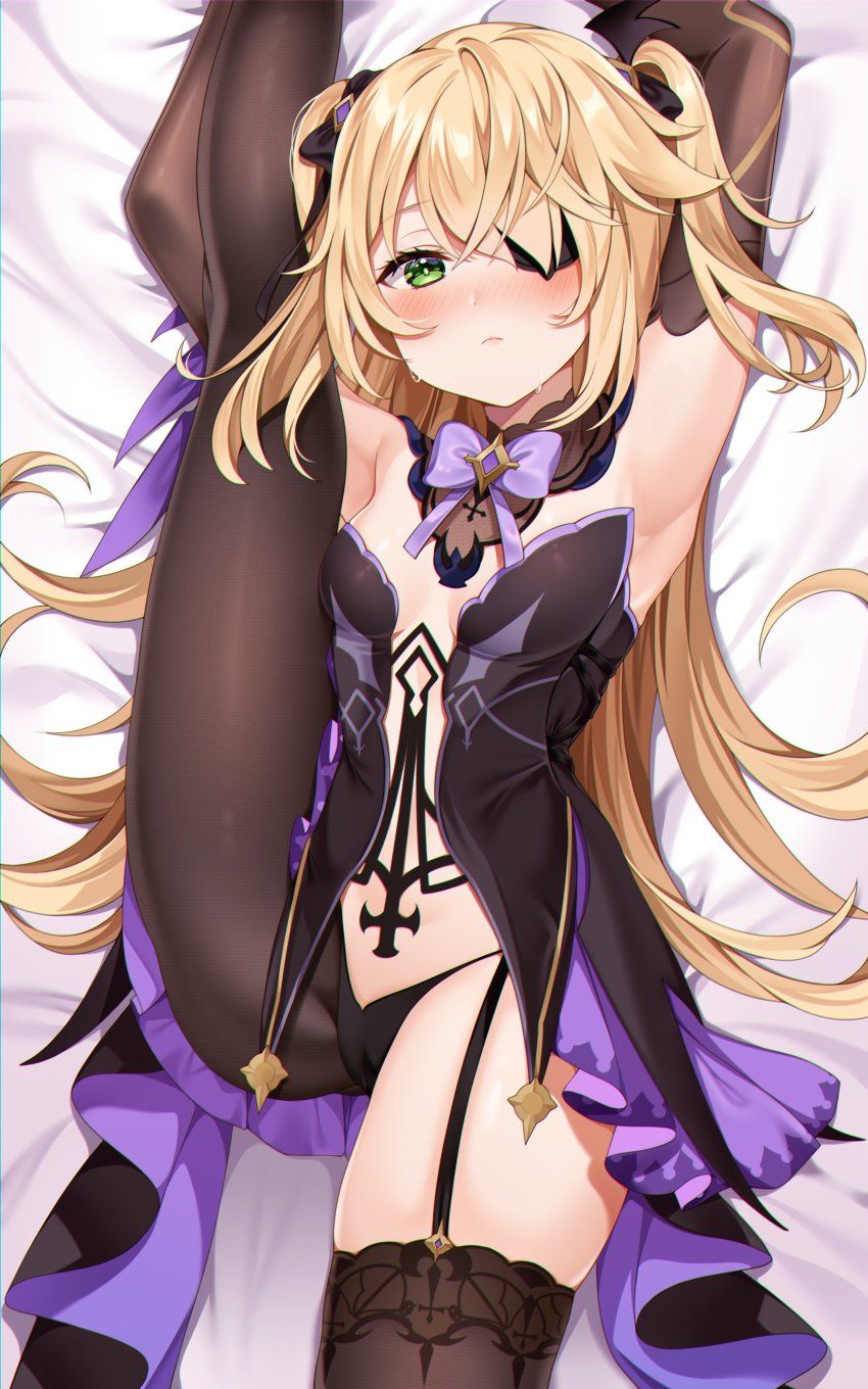 1girls, armpits, black legwear, blonde hair, blush, bow, breasts, eyepatch, female, fischl (genshin impact), games, genshin impact, green eyes, leggings, legwear, looking at viewer, messy hair, on bed, small breasts