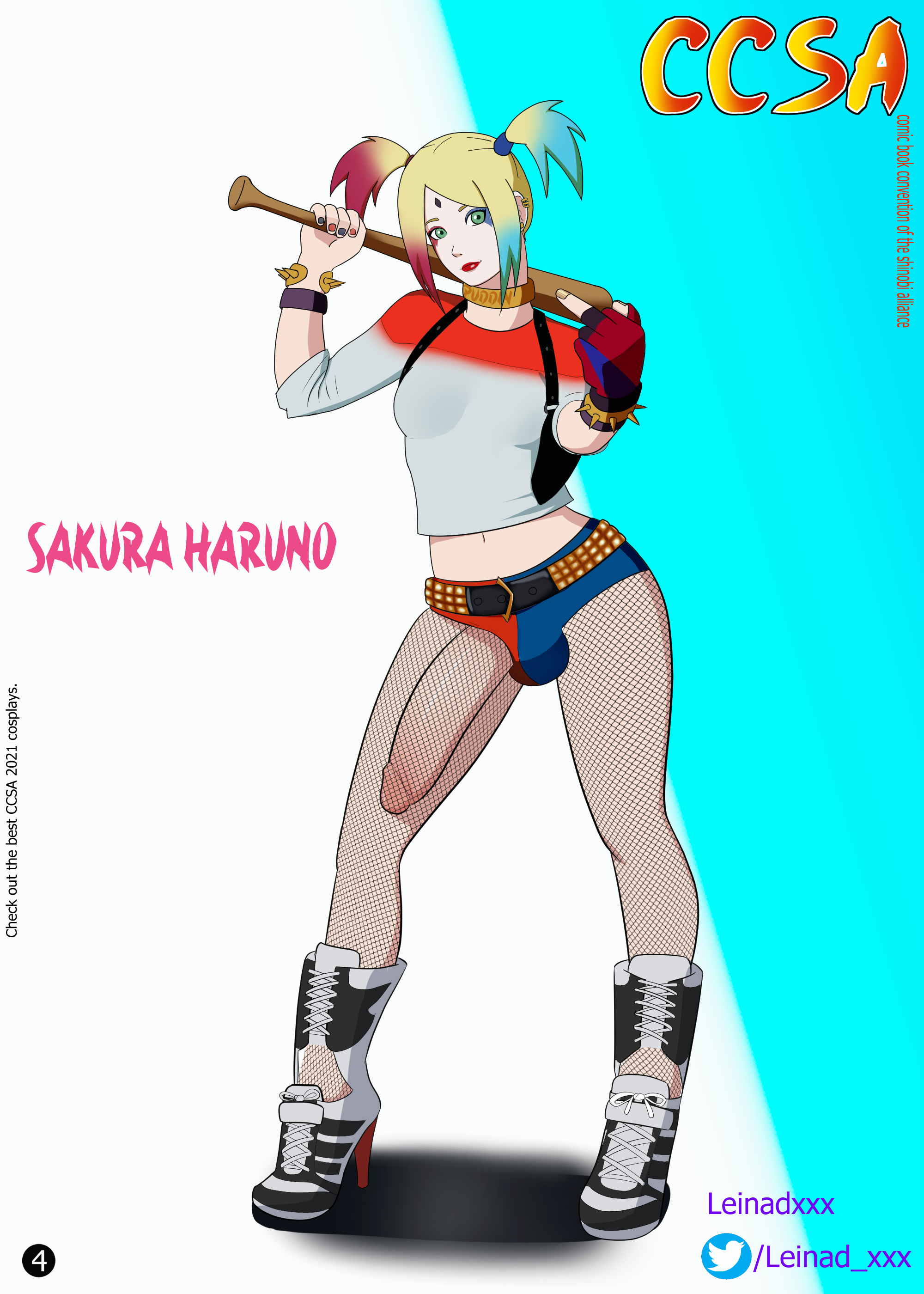 1futa, baseball bat, blonde hair, breasts, clothed, clothing, colored hair, cosplay, dc, dc comics, erection under clothes, fishnets, futa only, futanari, girly, harley quinn, harley quinn (cosplay), huge cock, intersex, leinadxxx, light skin, magazine, middle finger, mostly clothed, naruto, naruto (series), naruto: the last, pale skin, penis, sakura haruno, short shorts, solo, standing, suicide squad