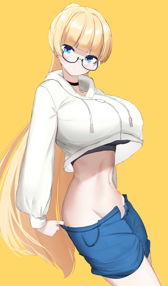 1girls big_breasts black_collar collar glasses light-skinned_female light_skin lina_bell_roll_(michihasu) looking_at_viewer nicorima removing_shorts shorts simple_background solo solo_female sweater tagme yellow_background