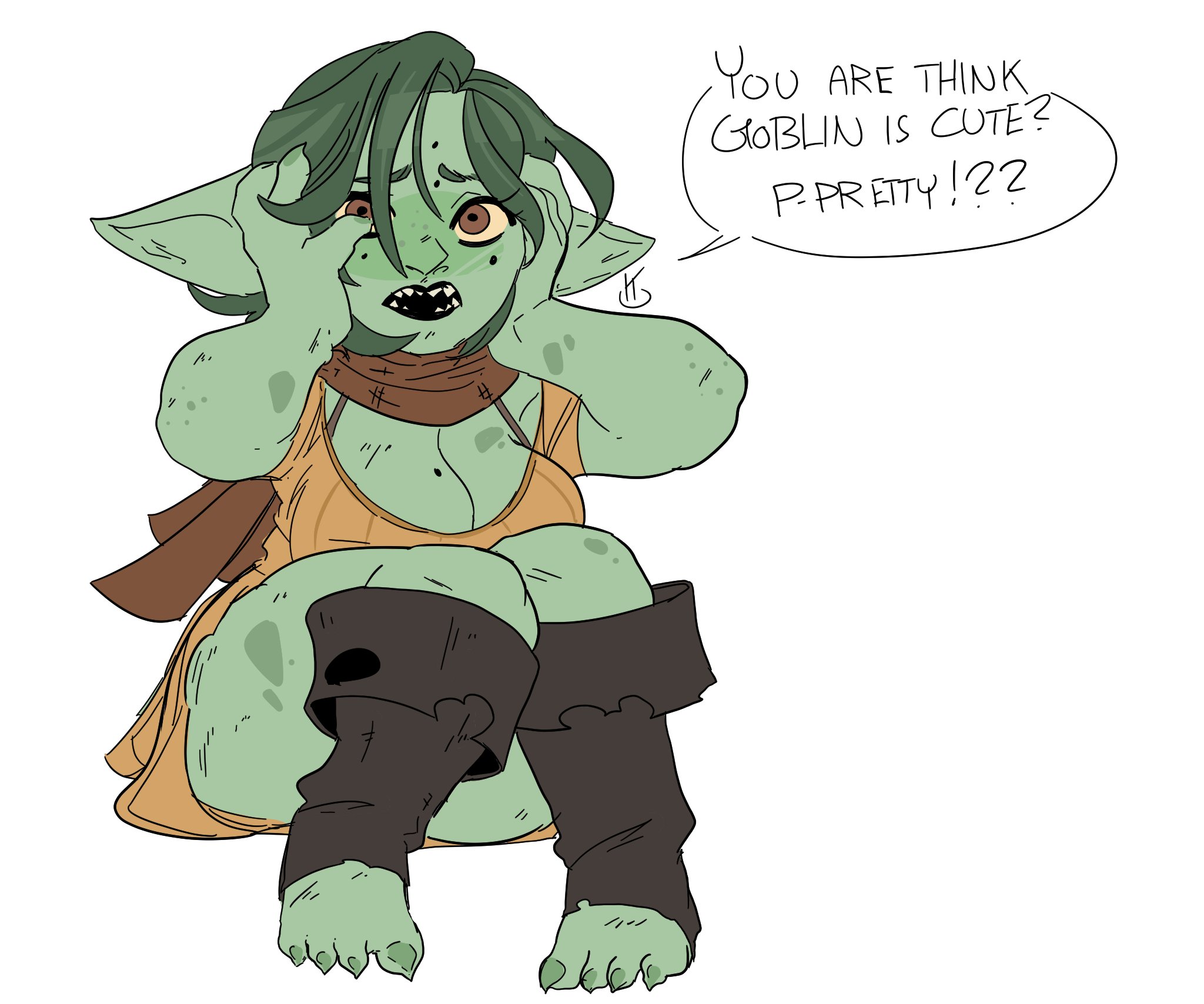 1girls, big breasts, breasts, cleavage, dungeons and dragons, fantasy, female, female only, freckles, goblin, goblin female, green hair, green skin, kanekuo, long ears, low cut top, open mouth, original, original character, pointy ears, scarf, shortstack, sitting, sitting down, solo, solo female, speech bubble, teeth, thick thighs