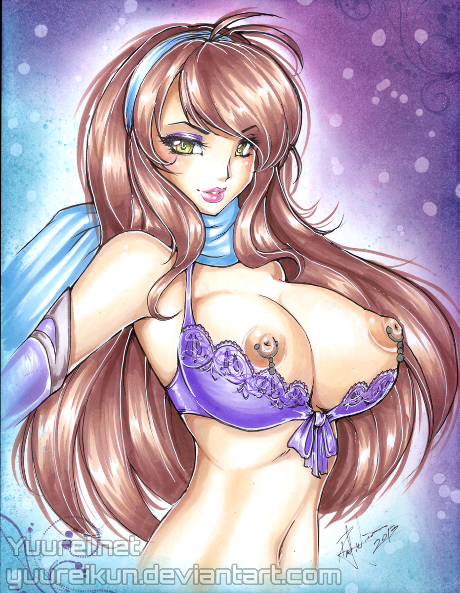 1girls artist_name blue_scarf blush bra bra_down breasts breasts_out brown_hair eyeshadow female female_focus female_only green_eyes large_breasts long_gloves long_hair looking_at_viewer navel nipple_piercing nipples pink_lipstick pinup posing purple_bra purple_eyeshadow scarf smile solo solo_female yuureikun