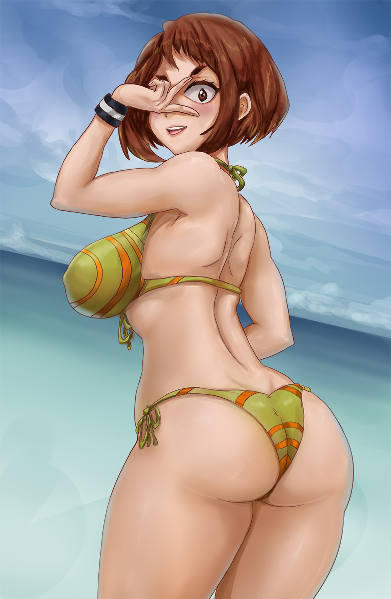 1girls, ass, beach, big ass, big breasts, bikini, bikini bottom, bikini top, breasts, brown hair, brown-haired female, female, female only, large breasts, my hero academia, ochako uraraka, peace sign, solo, thelorope