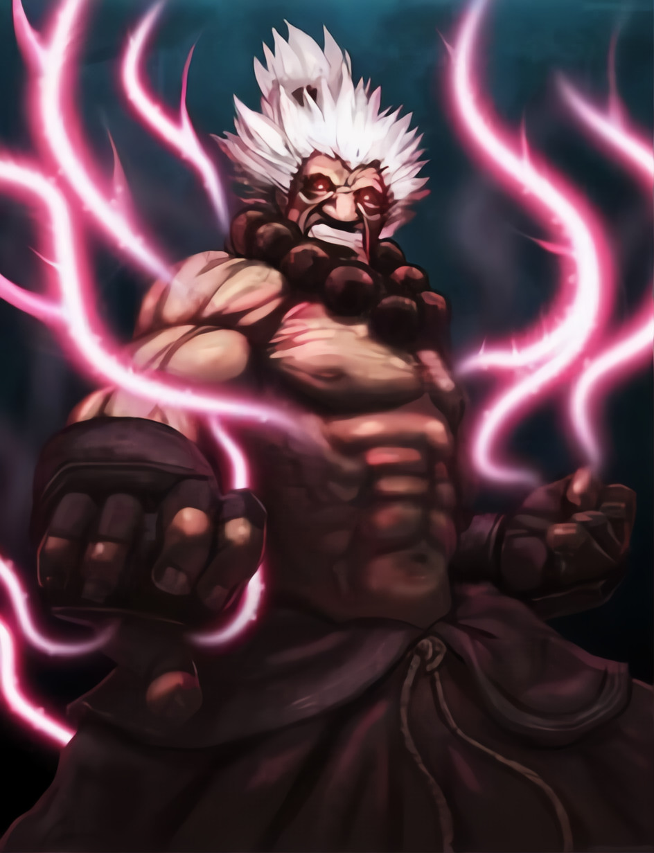 1boy abs akuma artist_request bead_necklace biceps capcom gouki male_only muscular muscular_male safe shin_akuma shirtless simple_background solo_male street_fighter tagme unknown_artist