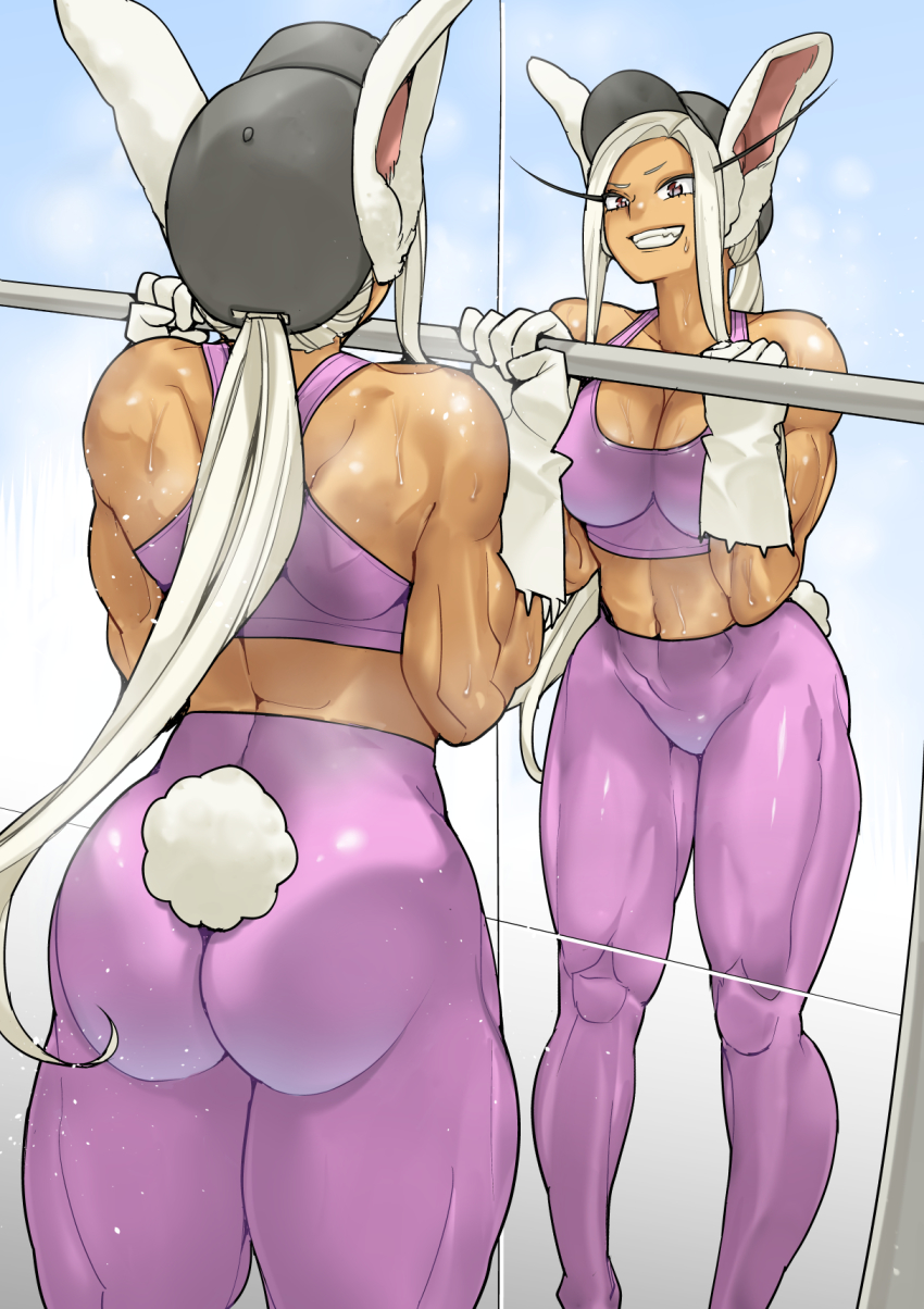 animal ears, ass, big ass, bunny ears, bunny tail, dark skin, dark-skinned female, female, leggings, miruko, muscular, muscular female, my hero academia, rumi usagiyama, sports bra, white hair