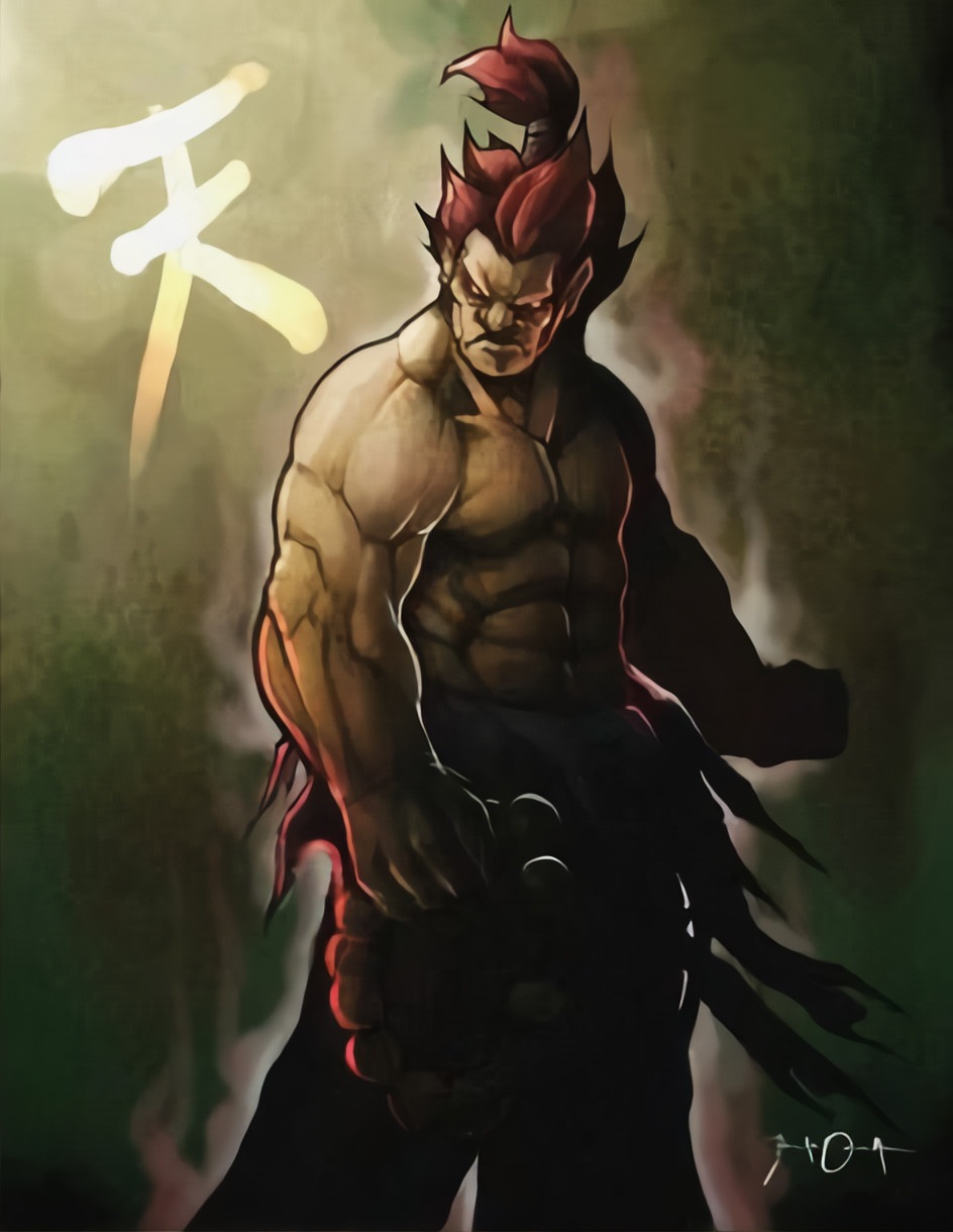 1boy abs akuma artist_request bead_necklace biceps capcom gouki japanese_text looking_at_viewer male_only muscular muscular_male safe serious_look shirtless signature simple_background solo solo_male street_fighter tagme unknown_artist