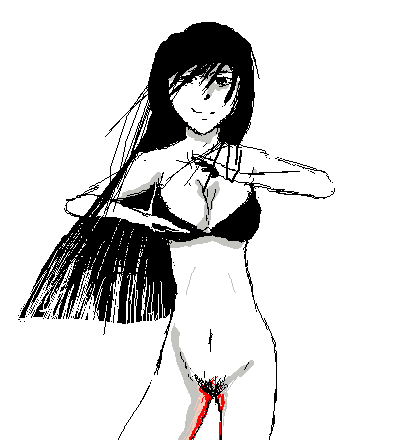 black_bra black_hair blood bra female long_hair menophilia menstruation monoe no_panties pale-skinned_female pale_skin period period_blood pubic_hair smile solo yume_nikki