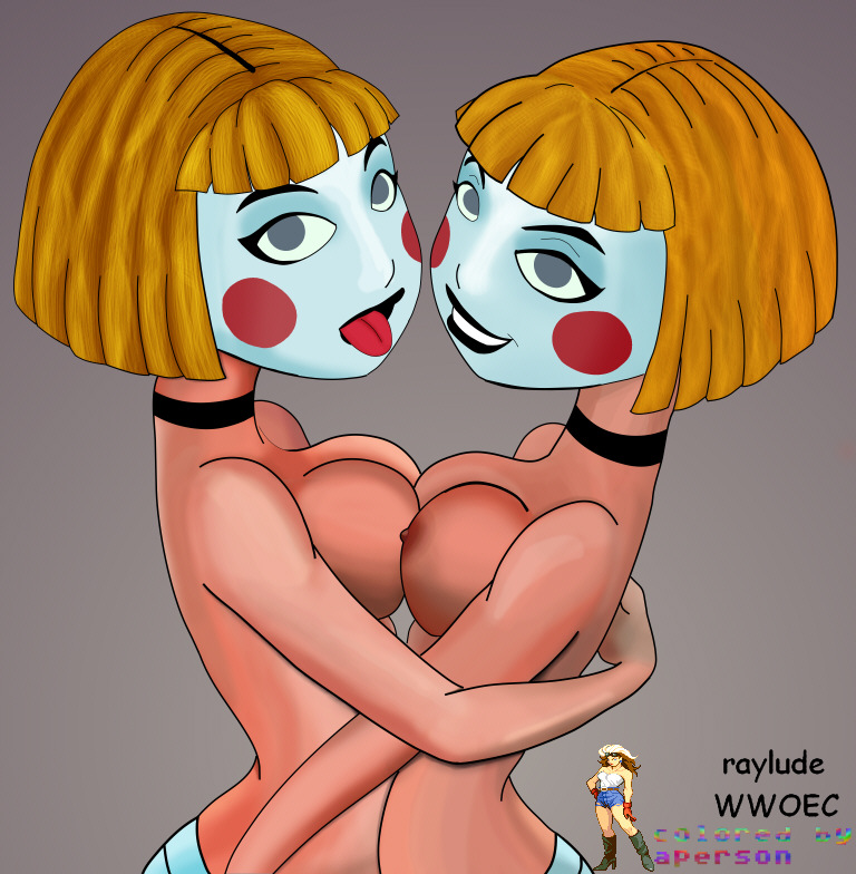 2girls areola batman_(series) batman_beyond:_return_of_the_joker black_lipstick breasts choker clown collar dc_comics dcau dee_dees deidre_dennis delia_dennis face_paint jokerz lipstick multiple_girls nipples raylude red_hair sisters tongue topless twincest twins wwoec