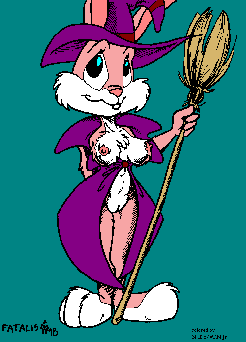 1990s 1998 20th_century anthro babs_bunny barefoot breasts broom fatalis female female_only front_view fur furry furry_breasts furry_ears hat holding mammal pink_fur rabbit solo standing tagme tiny_toon_adventures uncensored white_fur witch witch_hat